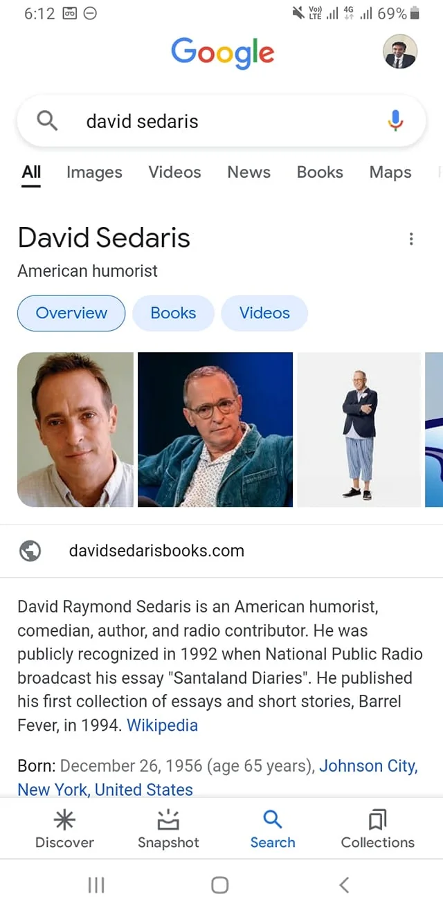 The screenshot shows a Google search for "David Sedaris," an American humorist, comedian, author, and radio contributor. The page provides an overview of his career, noting that he gained public recognition in 1992 with the broadcast of his essay "Santaland Diaries" on National Public Radio. It mentions his first collection of essays and short stories, "Barrel Fever," published in 1994. The search results also include images of David Sedaris in various poses and attire, with different backgrounds. The interface displays his website, david sedarisbooks.com, and other related tabs such as Overview, Books, and Videos. The screenshot captures a concise biography, including his birth date and place, highlighting his contributions to humor and literature.