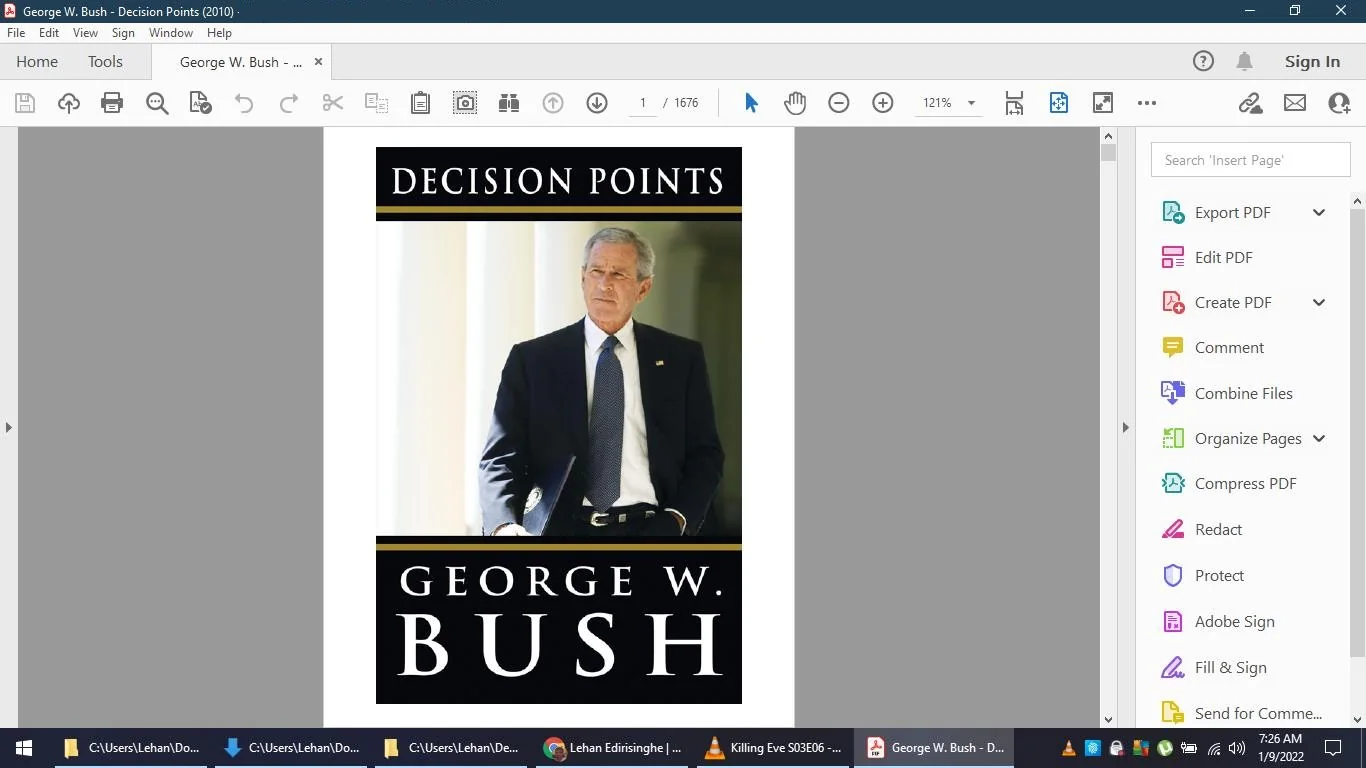 The screenshot shows the cover of the book "Decision Points" by George W. Bush, opened in Adobe Acrobat Reader DC. The cover features a portrait of George W. Bush, who is wearing a dark suit with a white shirt and a patterned tie. He is sitting and looking slightly to the side, creating a composed and contemplative mood. The background is blurred, suggesting an indoor setting with soft lighting. The book title, "Decision Points," is prominently displayed at the top in bold white letters on a black background. Below the image, the author's name, "George W. Bush," is written in large capital letters, also on a black background. The overall design is formal and reflective, fitting the memoir's personal and historical nature.
- Title: "George W. Bush - Decision Points"
- Site / app: "Adobe Acrobat Reader DC"