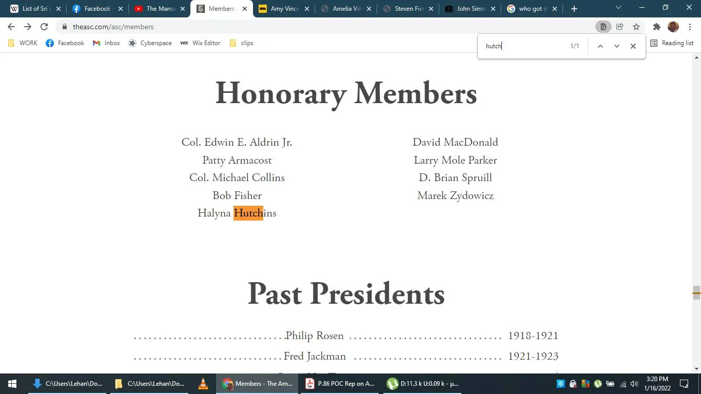 The image is a screenshot of a webpage from the site "theasc.com," showcasing a list of "Honorary Members" and "Past Presidents" associated with an organization, likely the American Society of Cinematographers (ASC). The list of honorary members includes notable names such as Col. Edwin E. Aldrin Jr., Patty Armacost, Col. Michael Collins, Bob Fisher, and Halyna Hutchins, among others. The text is structured in a clean, easy-to-read format, with names centered on the page under the heading "Honorary Members." Below this section is another list titled "Past Presidents," featuring names like Philip Rosen and Fred Jackman, with their respective years of service. The background is white, and the text is primarily in black, creating a professional and formal appearance typical of an organization's membership page. The name "Halyna Hutchins" is highlighted in orange, indicating it was searched for or selected by the user. The screenshot captures a website interface with tabs visible at the top, suggesting it's taken from a desktop browser.