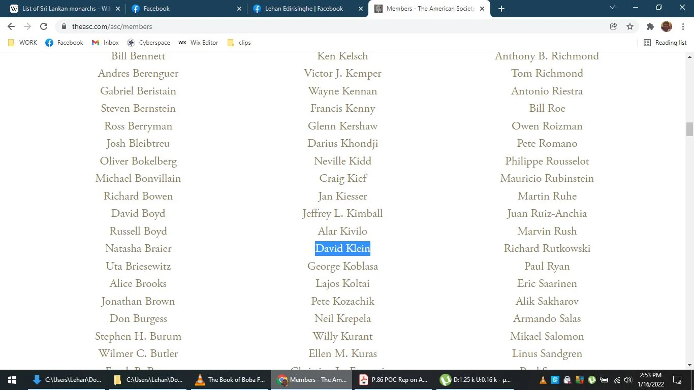 The screenshot displays a webpage from the American Society of Cinematographers (theasc.com). The page lists members of the society in a simple, text-based format without any images or additional graphics. Names are aligned in a single column running down the center of the page. The layout is clean and minimalistic, focusing solely on the names of the members.
Highlighted in blue is the name "David Klein," drawing attention to his listing among many others. The background is white, creating a high contrast with the black and blue text, making the names easily readable. The page suggests an orderly and formal presentation typical of membership directories. The browser tabs at the top indicate active pages related to Facebook and Wikipedia, hinting at concurrent browsing activity. The bottom taskbar shows commonly used applications like a file explorer and other tools, indicating an active working environment.