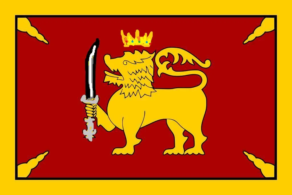 The image is an illustration of a flag, prominently featuring a stylized golden lion holding a sword on a rich red background. The lion is crowned, symbolizing authority and power, and is depicted in a dynamic pose, suggesting movement and strength. Surrounding the lion are four golden bo leaves, which are significant in certain cultures for their religious and cultural symbolism. The flag's border is yellow, creating a striking contrast with the red backdrop and enhancing the visual impact of the lion emblem. The illustration style is bold and graphic, employing strong lines and solid colors to convey a sense of heritage and identity. The composition is symmetrical, with the lion centrally positioned, emphasizing its importance as the focal point. This design is often associated with national pride and historical significance, suggesting a deep connection to a cultural or national identity.