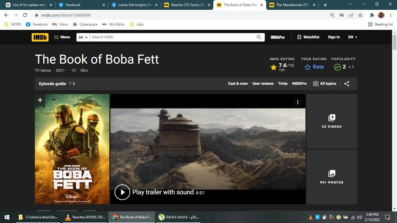 The image is a screenshot of the IMDb page for the TV series "The Book of Boba Fett." The page features a poster of Boba Fett, the iconic character from the Star Wars universe, prominently on the left. Boba Fett is shown in his classic Mandalorian armor set against a dramatic yellow and orange background, giving it a striking and vibrant appearance. Below the title, it notes that the series began in 2021 and is ongoing, with episodes lasting approximately 38 minutes.
Towards the right, there is a landscape image, possibly from the show, depicting a desert scene with a structure, characteristic of the Star Wars' Tatooine environment. The page highlights an IMDb rating of 7.6 out of 10, based on 72,000 ratings. The page also mentions that the series is available on Disney+, with a note that the original series started streaming on December 29.
The website interface includes options for viewing trailers and photos, as well as buttons for rating and adding to a watchlist. The overall color scheme of the page is dark, which is typical for IMDb, accompanied by white and yellow text for readability.