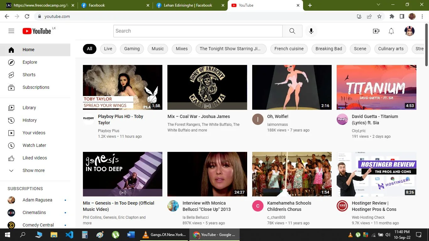 This screenshot captures a YouTube home page, showcasing a variety of video thumbnails. The interface highlights several video suggestions, with a diverse range of content. In the top left, the YouTube logo is prominently displayed against a white background, and the navigation menu is on the left, providing access to features like Explore, Shorts, and Subscriptions.
The video thumbnails present visually engaging snapshots. One video titled "Playboy Plus HD - Toby Taylor" features a person with glamorous styling, positioned against a plush background. Another video, "Mix – Coal War - Joshua James," displays artwork associated with the show "Sons of Anarchy." A more animated visual is seen in "Oh, Wolfie!" with a colorful cartoon character.
To the right, "David Guetta - Titanium (Lyrics) ft. Sia" is highlighted with its bold, sunset-themed title card. Below, videos like "Genesis - In Too Deep" and an "Interview with Monica Bellucci 'Close Up' 2013" highlight more music and celebrity content. Additional video thumbnails include a children’s chorus performance and a review of Hostinger, a web hosting service.
Overall, the interface is clean and organized, with each thumbnail providing a glimpse into the video content. The layout includes tags like "Live," "Gaming," and "Music," offering users a variety of browsing options. The mood is vibrant and engaging, encouraging exploration of the diverse media offerings.