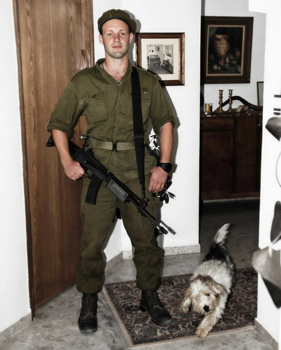 Danny is depicted in this outdoor scene wearing Israeli commando gear. The setting appears to be a rural area, with a dirt road and sparse vegetation under a clear sky. Danny is in the foreground, standing confidently with a smile on his face. He is dressed in a green military uniform, complete with a tactical vest and yellow epaulets on his shoulders. The vest is equipped with various pouches, likely for carrying essential gear. Danny's posture is relaxed yet assertive, with his left hand resting on his hip. The lighting suggests it is daytime, casting soft shadows and highlighting his expression. In the background, other military personnel and equipment are subtly visible, suggesting a training or operational environment. The image captures a moment of calm and readiness, reflecting a personal and professional snapshot of military life.