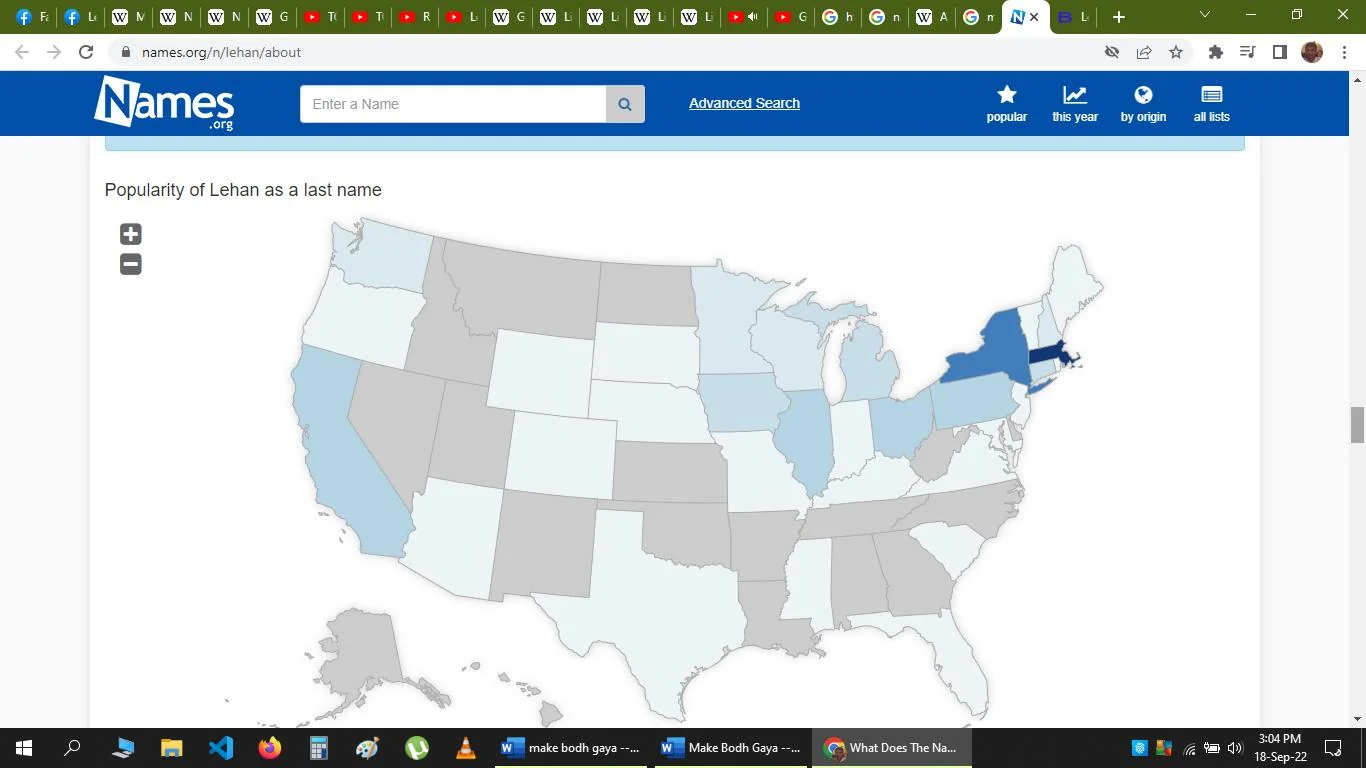The screenshot is from the website names.org, displaying the popularity of "Lehan" as a last name across the United States. A U.S. map is shown, with different states shaded in varying shades of blue and gray, indicating the distribution and prevalence of the surname "Lehan." Darker shades represent higher popularity, with New York and Massachusetts having the darkest blue, suggesting a higher concentration of individuals with this last name in those states. The page includes a search bar at the top for entering different names, along with options for advanced search and different lists like “popular,” “this year,” “by origin,” and “all lists.” The interface has a clean, functional design typical of data-centric websites, focusing on providing quick, visual insights into surname distribution.