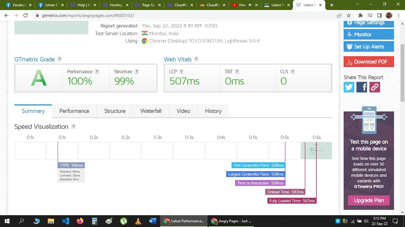 The screenshot displays a performance report from GTmetrix for the website angypages.com. At the top, the GTmetrix Grade is prominently shown as "A," reflecting excellent performance metrics. The performance score is 100%, and the structure score is 99%. Key web vitals are listed, including Largest Contentful Paint (LCP) at 507ms, Total Blocking Time (TBT) at 0ms, and Cumulative Layout Shift (CLS) at 0. These metrics suggest a highly optimized website.
The report was generated on September 22, 2022, at 4:41 AM, with the test server located in Mumbai, India. The browser used for testing was Chrome (Desktop) version 103.0.5060.134, powered by Lighthouse 9.6.4.
The interface includes various tabs such as Summary, Performance, Structure, Waterfall, Video, and History, allowing for detailed analysis of different performance aspects. A speed visualization graph is visible, offering a timeline of different loading phases, with labels indicating times for key events like the First Contentful Paint and Time to Interactive.
On the right side, there are options to download the report as a PDF and to share it via social media. There is also a prompt to test the page on a mobile device using GTmetrix PRO. The overall layout is clean, with a focus on providing clear, actionable insights into website performance.