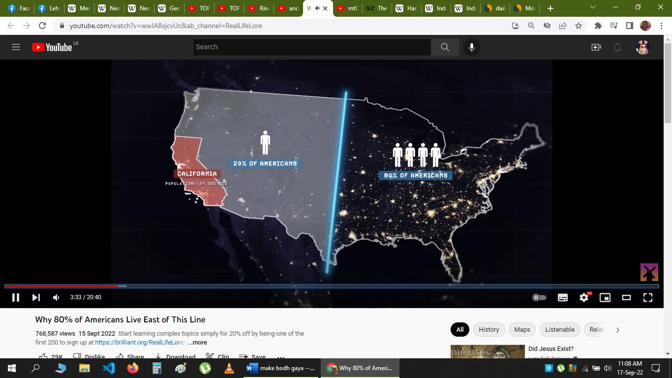 This video frame is from a YouTube video titled "Why 80% of Americans Live East of This Line" on the channel RealLifeLore. It features a night-time map of the United States divided by a vertical line. The western section highlights California in red, indicating that it has a population of 39,300,000, which accounts for 20% of Americans. The eastern section, illuminated with city lights, represents 80% of the American population. The visual uses contrasting colors to emphasize the distribution of the population, with dark shades for land and bright lights for populated areas. The map effectively communicates the demographic focus of the video, using simple figures to represent population percentages.
- Title: "Why 80% of Americans Live East of This Line"
- Channel / profile: "RealLifeLore"
- Site / app: "YouTube"