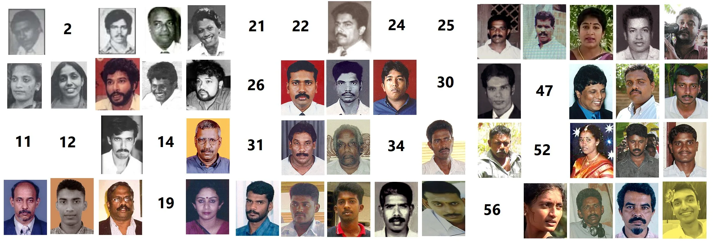 The image is a collage featuring a grid of various individual portraits. Each portrait is numbered, with prominent numbers including 2, 11, 12, 14, 19, 21, 22, 24, 25, 26, 30, 31, 34, 47, 52, and 56. The portraits include both men and women, presented in various styles, some in color and others in black and white. The individuals display a range of expressions from smiling to neutral, with varied attire suggesting formal and casual contexts. This grid likely represents a collection of significant individuals, which might be for a specific project or memorial. The backgrounds vary, with some being plain while others depict outdoor or indoor settings. The lighting in the images also varies, adding to the diversity of the presentation.