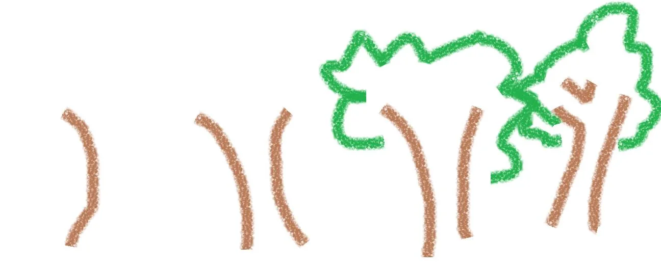 This is a simple illustration depicting a line of trees. The drawing is minimalistic, using basic shapes and colors to represent the scene. There are five brown vertical lines, each representing the trunk of a tree. On the right side, two trees are illustrated more fully with green outlines suggesting the leafy canopy. The style is reminiscent of a child’s drawing, with a crayon-like texture. The background is plain white, which enhances the straightforward and uncluttered nature of the artwork. The use of green and brown gives it a natural and earthy feel, conveying a sense of nature and the outdoors. There is no additional text or context provided within the image.