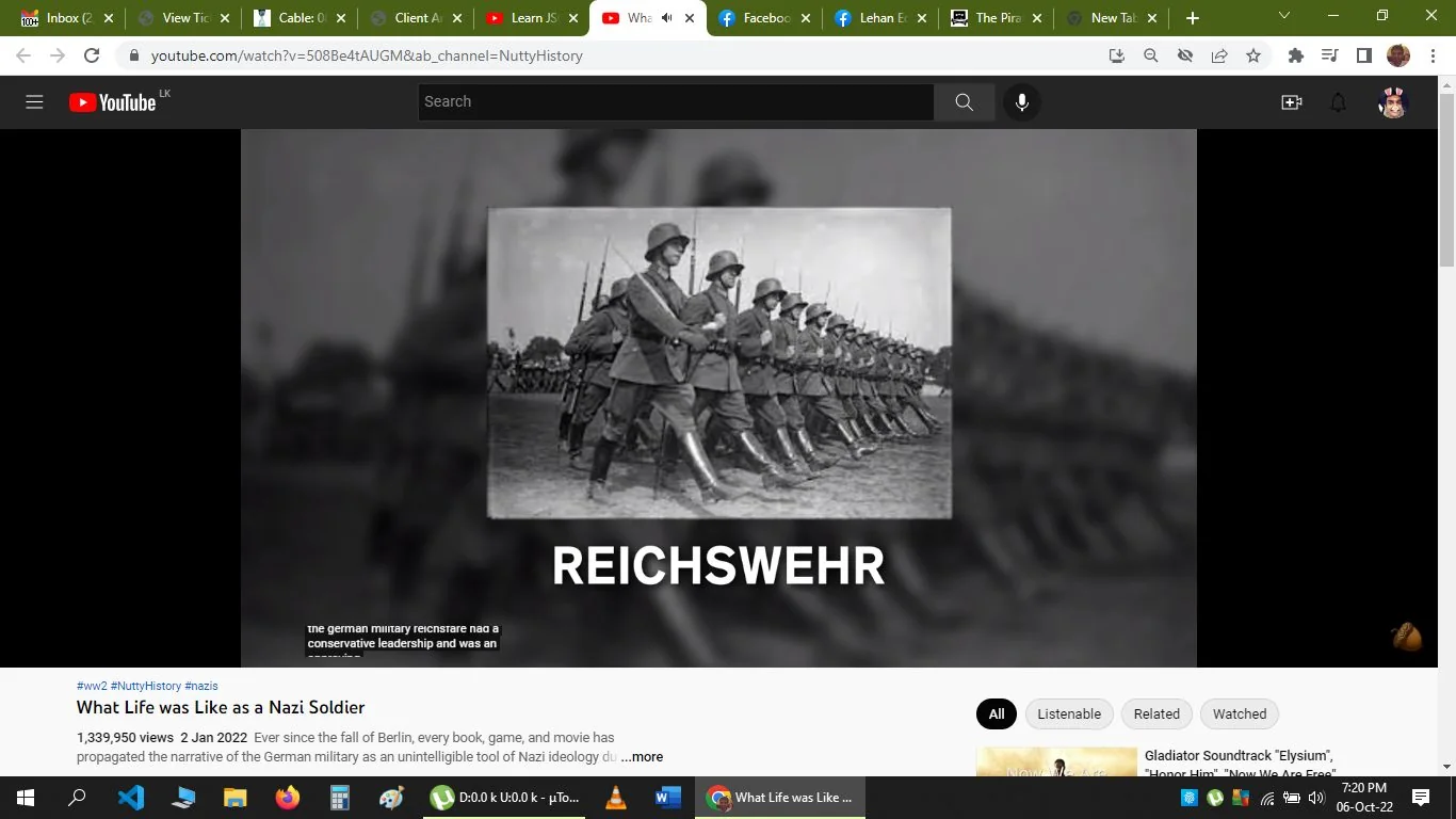 The image is a screenshot from a YouTube video titled "What Life was Like as a Nazi Soldier" from the channel "Nutty History." The video has gained over 1.3 million views as of January 2, 2022. The central image shows a historical black and white photograph of soldiers marching in formation, likely representing the Reichswehr, which was the military organization of Germany. The soldiers are in uniform, wearing helmets and carrying rifles, indicative of a military parade or drill. In the foreground, the text "REICHSWEHR" is prominently displayed over the image. The video explores the life of German soldiers during the Nazi era, as suggested by the title and subtitle, which mentions the conservative leadership of the German military. The video is tagged with topics such as #ww2, #NuttyHistory, and #nazis, indicating a focus on World War II history and the Nazi regime. The user interface shows it is on YouTube, with controls and navigation options visible, including suggestions for related content at the bottom.
