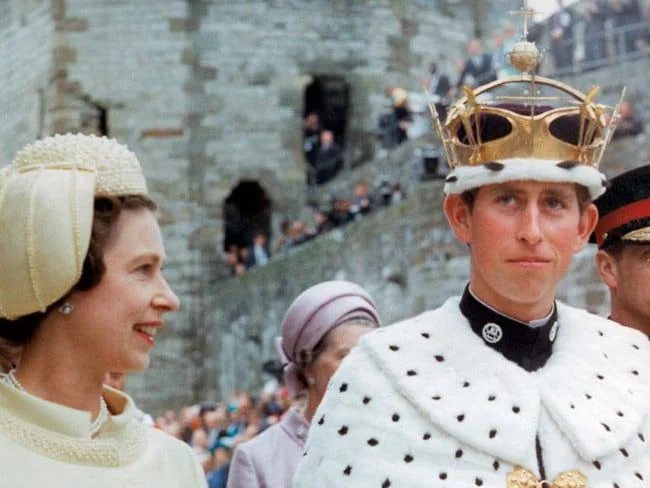 The image depicts a ceremonial event featuring King Charles, identified from the hint provided. He is dressed in regal attire, wearing a crown and an elaborate white robe with a black collar. The expression on his face is serene and composed. Beside him, a woman is visible, smiling, wearing a light-colored outfit with a matching hat. The background shows a stone structure, possibly a castle, indicating the setting is likely a historical or significant location. The crowd can be seen in the distance, suggesting a public event. The lighting is natural, illuminating the scene with a soft, even light. The image has a historical ambiance, capturing a moment of formality and tradition. The photograph's colors are vivid, highlighting the ceremonial garments and the setting's details.