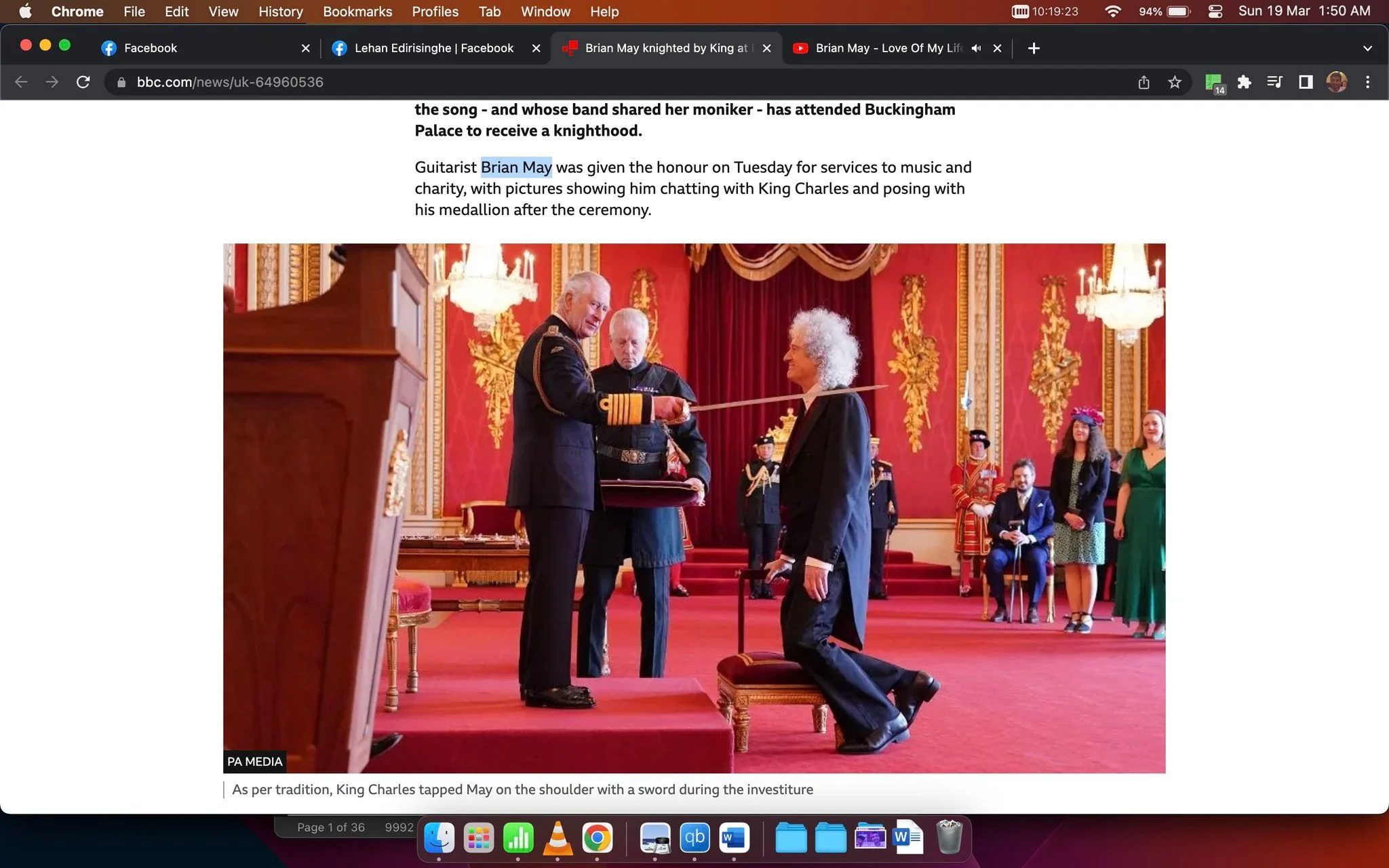1) Rich description (8–12 sentences): In this ceremonial scene, King Charles III is shown knighting Brian May at Buckingham Palace. Brian May, dressed in formal attire, is kneeling on a red cushioned stool, while King Charles III stands before him in a dark ceremonial uniform, holding a sword poised over May’s shoulder. The room is opulently decorated, with red and gold accents, chandeliers, and ornate detailing on the walls, giving it a regal ambiance. Several individuals are in attendance, including officials and guests, some of whom are dressed in formal attire, indicating the importance of the occasion. The mood is solemn and respectful, as is typical of such investiture ceremonies. The lighting is warm, highlighting the luxurious decor and the significance of the event. The image captures a moment of honor and tradition, with the focus on the interaction between King Charles III and Brian May.
2) On-screen text block:
- Title: "Brian May knighted by King at Buckingham Palace ceremony"
- Site / app: "BBC.com"
- Captions / subtitles: "As per tradition, King Charles tapped May on the shoulder with a sword during the investiture"