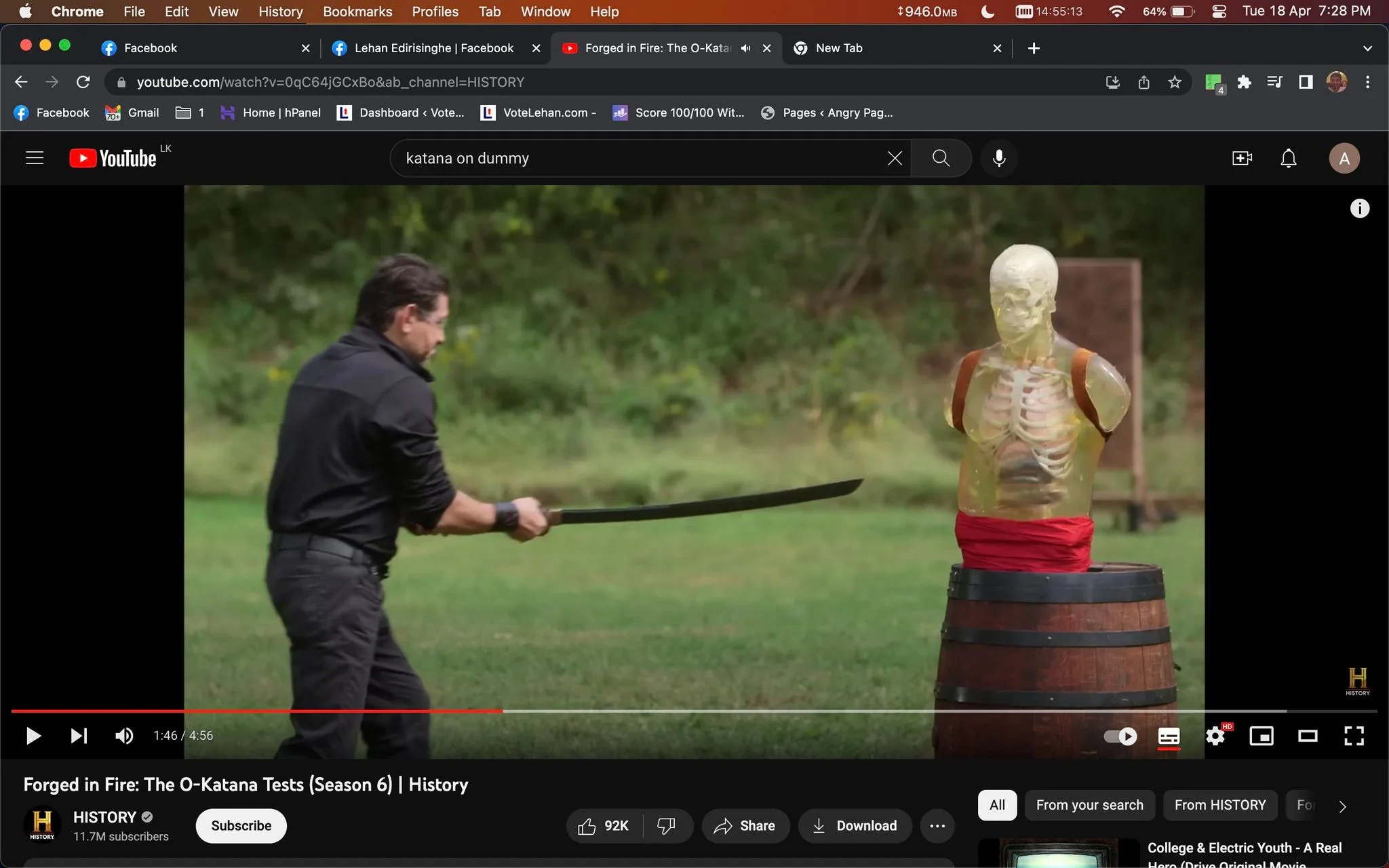 ```
The screenshot captures a moment from the YouTube video titled "Forged in Fire: The O-Katana Tests (Season 6) | History," found on the HISTORY channel. The scene takes place outdoors on a grassy field. A man dressed in black clothing is in the midst of swinging an O-Katana at a dummy target. The dummy is designed with a clear, anatomical appearance, showcasing a rib cage structure. It is positioned upright on a wooden barrel, wrapped with a red cloth around its midsection. The lighting is natural, suggesting a daylight setting. The video is part of the "Forged in Fire" series, which tests the sharpness and strength of blades. The screenshot shows a paused moment at the 1:46 mark of the video, with the progress bar visible at the bottom. The HISTORY channel, known for its historical and educational content, has 11.7 million subscribers, indicating a wide audience reach.
- Title: "Forged in Fire: The O-Katana Tests (Season 6) | History"
- Channel / profile: "HISTORY"
- Site / app: "YouTube"