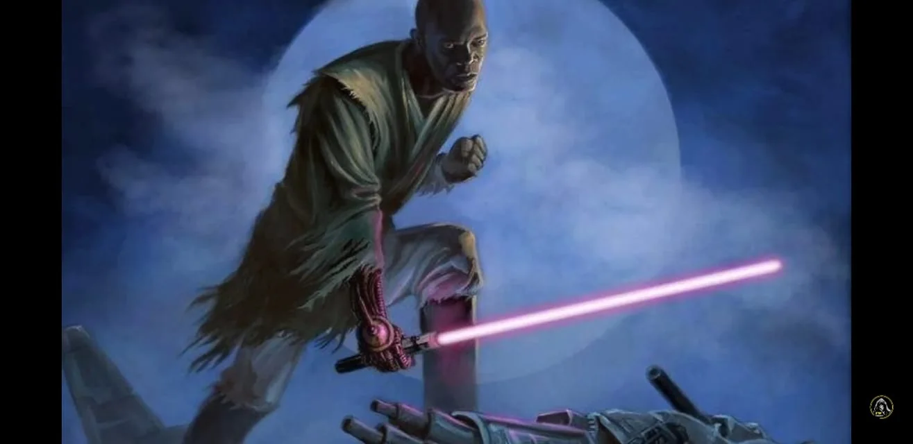 In this dynamic illustration, the character Mace Windu from "Star Wars" is depicted in a dramatic and intense scene. He is positioned in a crouched stance, ready for action, with his iconic purple lightsaber illuminating the scene. The background features a large, bright full moon shrouded in misty clouds, creating a mysterious and ominous atmosphere. Mace Windu's attire is rugged and slightly tattered, suggesting a recent battle or conflict. His expression is focused and determined, capturing the essence of a seasoned Jedi master. The mechanical prosthetic hand holding the lightsaber adds a layer of depth to the character's backstory and experiences. The overall color palette is dominated by dark blues and purples, enhancing the nighttime setting and the intensity of the scene. This illustration effectively captures the essence of "Star Wars," with its blend of sci-fi elements and epic storytelling.
