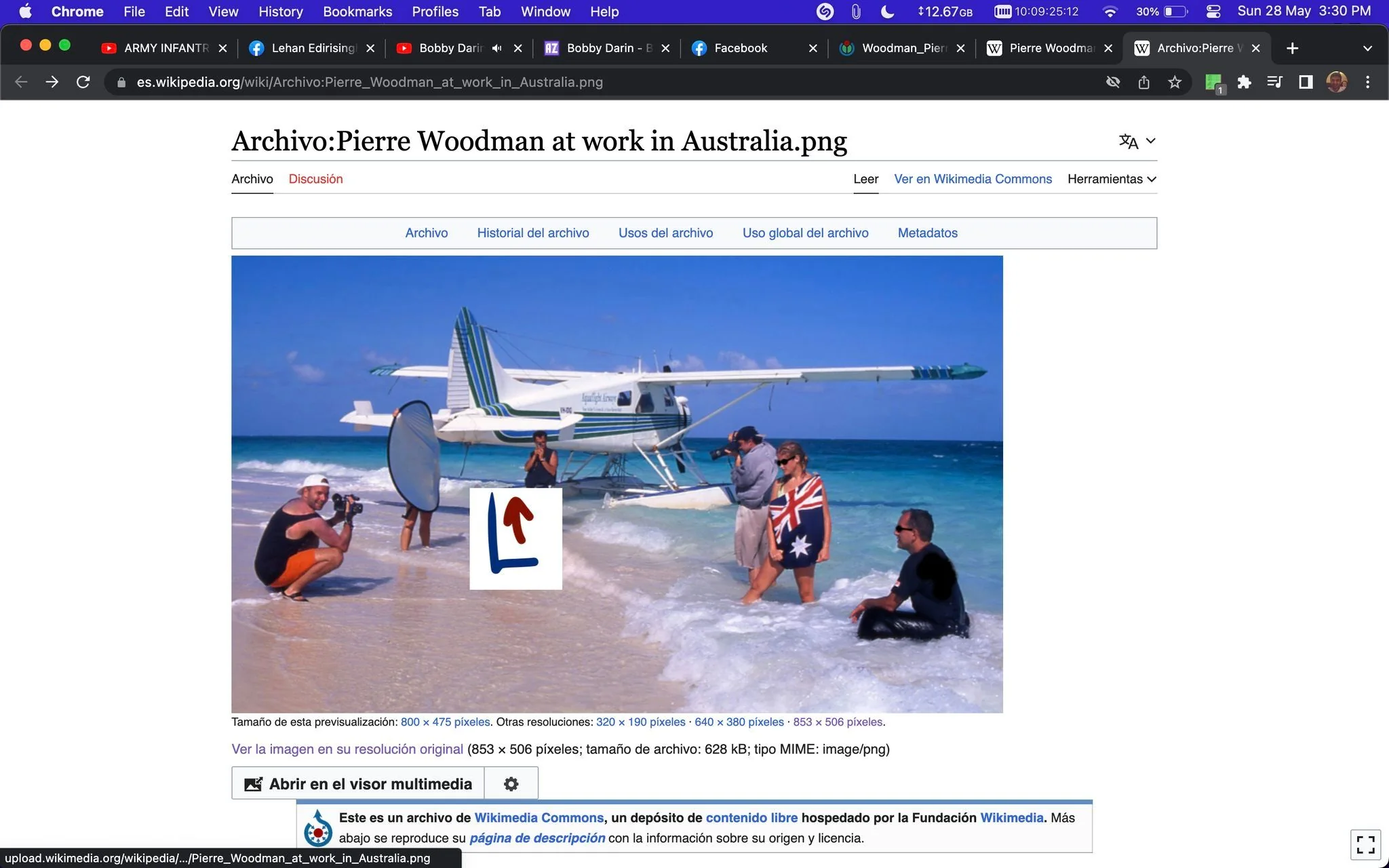 ```
This image is a screenshot from a Wikipedia page, specifically featuring a file titled "Archivo:Pierre Woodman at work in Australia.png." The scene shows a group of people on a sandy beach with clear blue skies and a seaplane in the background. The seaplane is white with green and blue stripes. One person is crouching in the foreground holding a camera, presumably engaged in a photography session, while another holds a large reflector. A few others are standing or sitting by the water, with one wearing a shirt featuring the Australian flag. The image captures a casual, outdoor setting with a focus on a beachside photography shoot. The beach and ocean provide a vibrant backdrop, emphasizing the location's serene and sunny atmosphere. The screenshot originates from Wikimedia Commons, part of the Wikipedia platform.