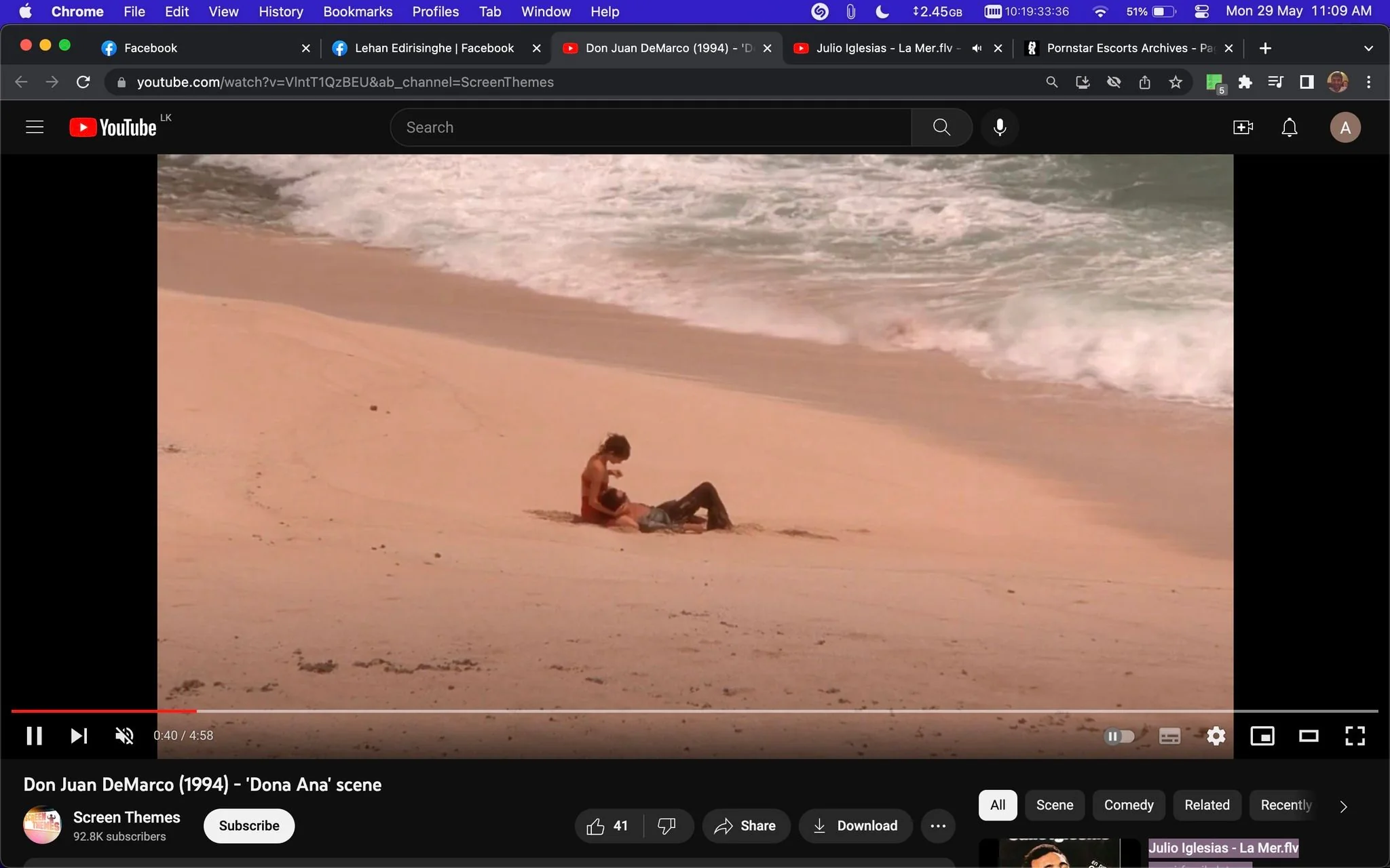 ```
**SECTION 2: Rich Prose**
The screenshot captures a scene from the movie "Don Juan DeMarco" (1994), specifically the 'Dona Ana' scene. The setting is a serene beach, with soft sand and gentle waves lapping in the background, evoking a romantic and tranquil atmosphere. Two people are visible on the sand, with one lying back against the other in a relaxed and intimate pose. The beach stretches into the distance, suggesting a secluded, peaceful location. The lighting is natural, typical of a sunny day, enhancing the warm tones of the sand and the ocean. The scene suggests a moment of quiet connection, reinforcing the romantic themes of the film. The YouTube interface is visible, showing the video is paused at 40 seconds. The channel "Screen Themes" is presenting this excerpt, likely focusing on memorable scenes from various films.
- Title: "Don Juan DeMarco (1994) - 'Dona Ana' scene"
- Channel / profile: "Screen Themes"
- Site / app: "YouTube"
