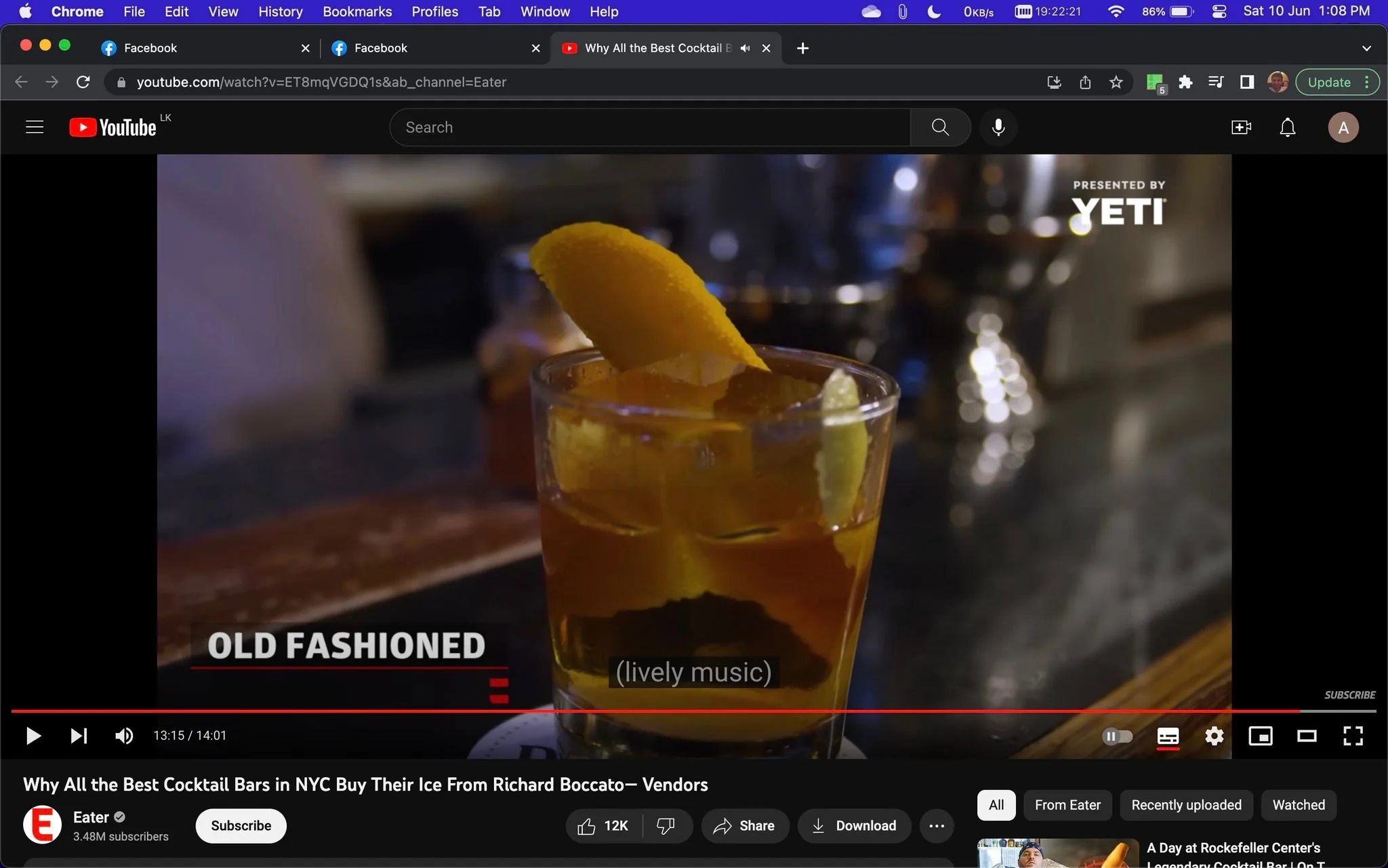 The image is a screenshot from a YouTube video titled "Why All the Best Cocktail Bars in NYC Buy Their Ice From Richard Boccato—Vendors," which is featured on the Eater channel. The scene captures an elegant cocktail, specifically an Old Fashioned, placed on a bar counter. The drink is served in a clear glass and garnished with a twist of orange peel, which adds a touch of color and sophistication to the presentation. The lighting in the scene is warm and inviting, commonly found in upscale bars, contributing to the ambiance of a refined cocktail experience.
In the background, there's a subtle blur, keeping the focus on the drink itself. The image also includes a logo stating "PRESENTED BY YETI" in the upper right corner, suggesting a sponsorship or collaboration. Below the drink, there's a visible coaster, which might be branded, adding to the bar setting's authenticity. The video seems to explore the unique aspect of NYC cocktail bars sourcing ice from Richard Boccato, highlighting a niche yet crucial component of the cocktail crafting process. The closed caption reads "(lively music)," indicating the vibrant atmosphere accompanying the visual.
- Title: "Why All the Best Cocktail Bars in NYC Buy Their Ice From Richard Boccato—Vendors"
- Channel / profile: "Eater"
- Site / app: "YouTube"
- Captions / subtitles: "(lively music)"