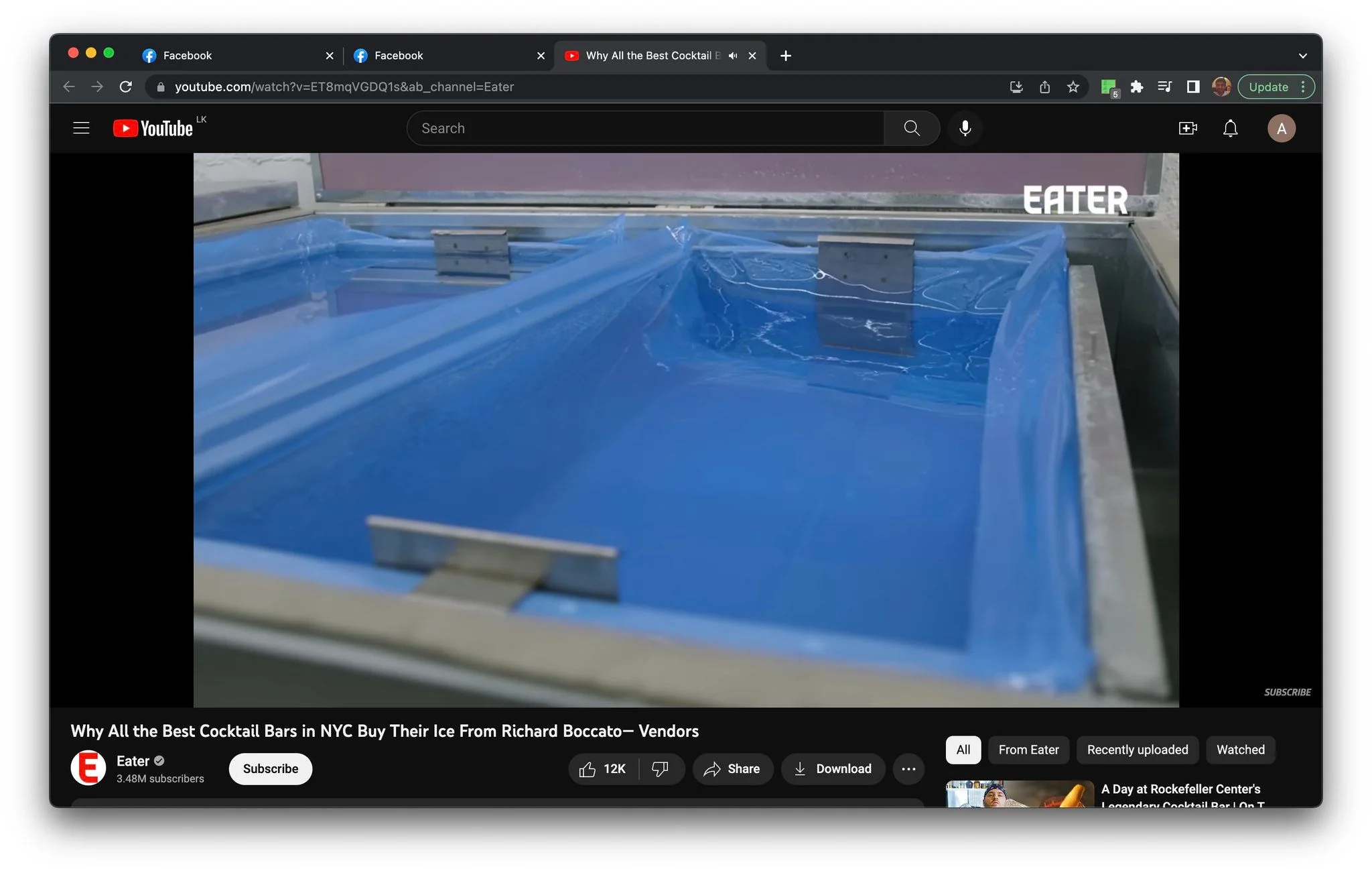 The image is a screenshot from a YouTube video titled "Why All the Best Cocktail Bars in NYC Buy Their Ice From Richard Boccato—Vendors," published by the channel Eater. The screenshot features a large industrial ice-making machine, likely used for producing blocks of ice. The machine is filled with water, partially covered by a blue plastic liner, with metal components visible around the edges. The setting appears to be an indoor industrial space, well-lit to highlight the machine's details. The screenshot prominently displays the text "EATER" in the upper right corner, indicating the publisher. The video seems to explore the topic of how top cocktail bars in New York City source their ice from Richard Boccato, a notable figure in the ice supply industry. The overall mood is professional, focusing on the technical aspects of ice production for high-end cocktails.
- Title: "Why All the Best Cocktail Bars in NYC Buy Their Ice From Richard Boccato—Vendors"
- Channel / profile: "Eater"
- Site / app: "YouTube"