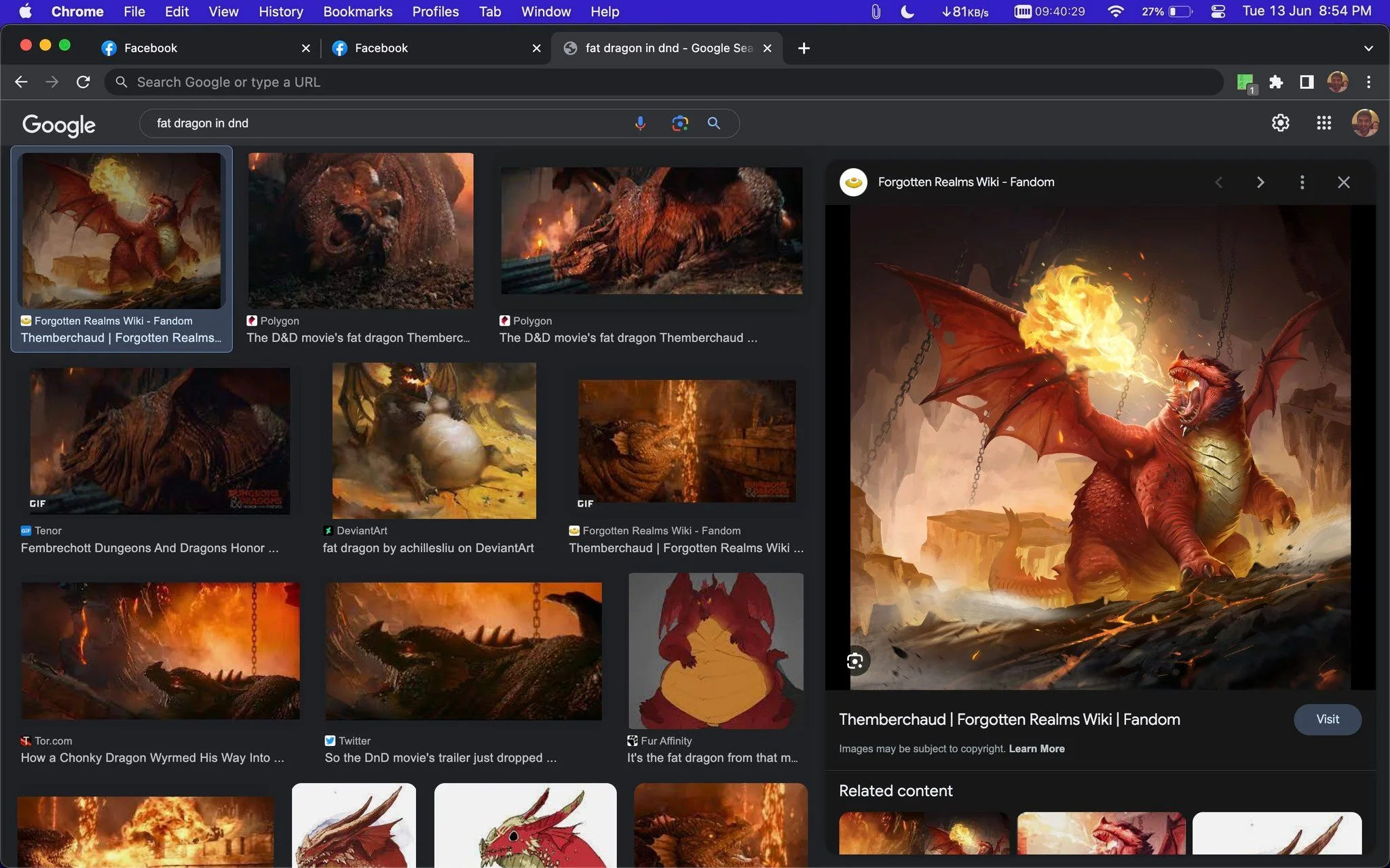 The image is a screenshot of a Google Search results page with the query "fat dragon in dnd." The page features several images of dragons, specifically focusing on Thumberchaud from the "Forgotten Realms" universe. The highlighted image on the right shows a large red dragon breathing fire amidst a rocky, fiery backdrop, suggesting a fantasy setting typical of Dungeons & Dragons lore. The dragon's wings are spread wide, with flames emanating from its mouth, creating an intense and dramatic visual. The search results include thumbnails from various sources, such as Forgotten Realms Wiki, Polygon, and DeviantArt, showcasing different artistic interpretations of the dragon. The overall theme is vibrant, with fiery reds and oranges dominating the color palette, enhancing the mythical and powerful aura of the creature. The browser tabs and address bar at the top of the screenshot indicate it's a search being conducted on a desktop using Chrome.
- Title: "fat dragon in dnd - Google Search"
- Site / app: "Google Search"