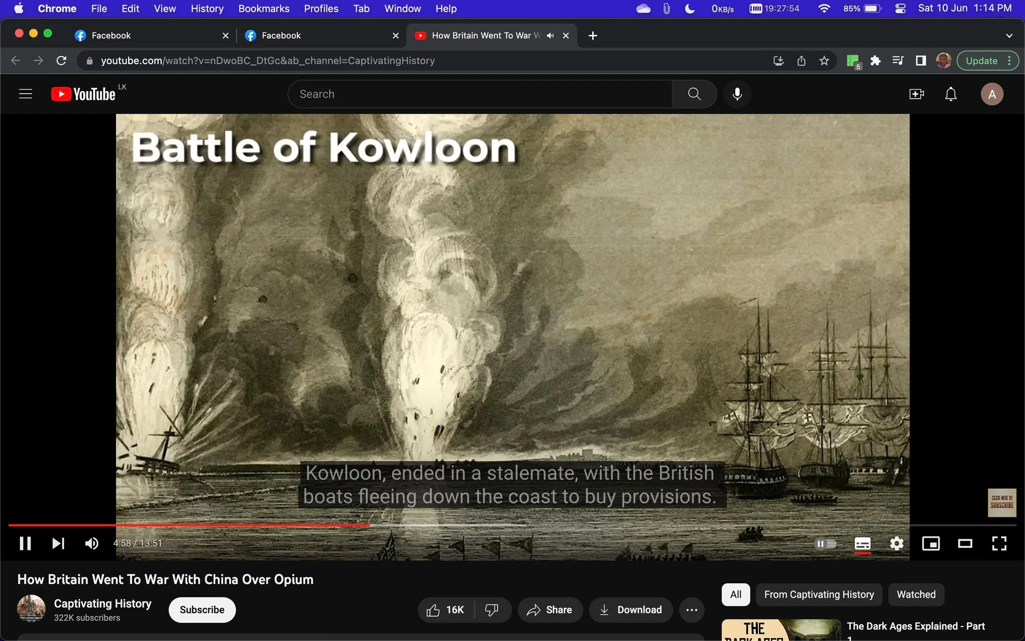 The screenshot is from a YouTube video titled "How Britain Went To War With China Over Opium," featured on the channel "Captivating History." The image presents a historical illustration depicting the "Battle of Kowloon," which is prominently labeled at the top. This scene is depicted in a sepia tone, showcasing an intense naval battle with ships and smoke rising dramatically from the water, suggesting a moment of conflict or cannon fire. The style of the illustration is detailed and evocative, capturing the chaos and tension of a naval engagement during the Opium War.
The video is paused at 4:58, and a subtitle at the bottom reads: "Kowloon, ended in a stalemate, with the British boats fleeing down the coast to buy provisions." This text provides context to the historical events being discussed, highlighting a moment of standstill in the conflict. The YouTube interface is visible, including icons for liking, sharing, and downloading the video. The browser tabs above show a few Facebook tabs and additional YouTube links. The illustration, combined with the discussion of historical events, suggests a focus on the complex dynamics and outcomes of the Opium Wars between Britain and China.
- Title: "How Britain Went To War With China Over Opium"
- Channel / profile: "Captivating History"
- Site / app: "YouTube"
- Captions / subtitles: "Kowloon, ended in a stalemate, with the British boats fleeing down the coast to buy provisions."