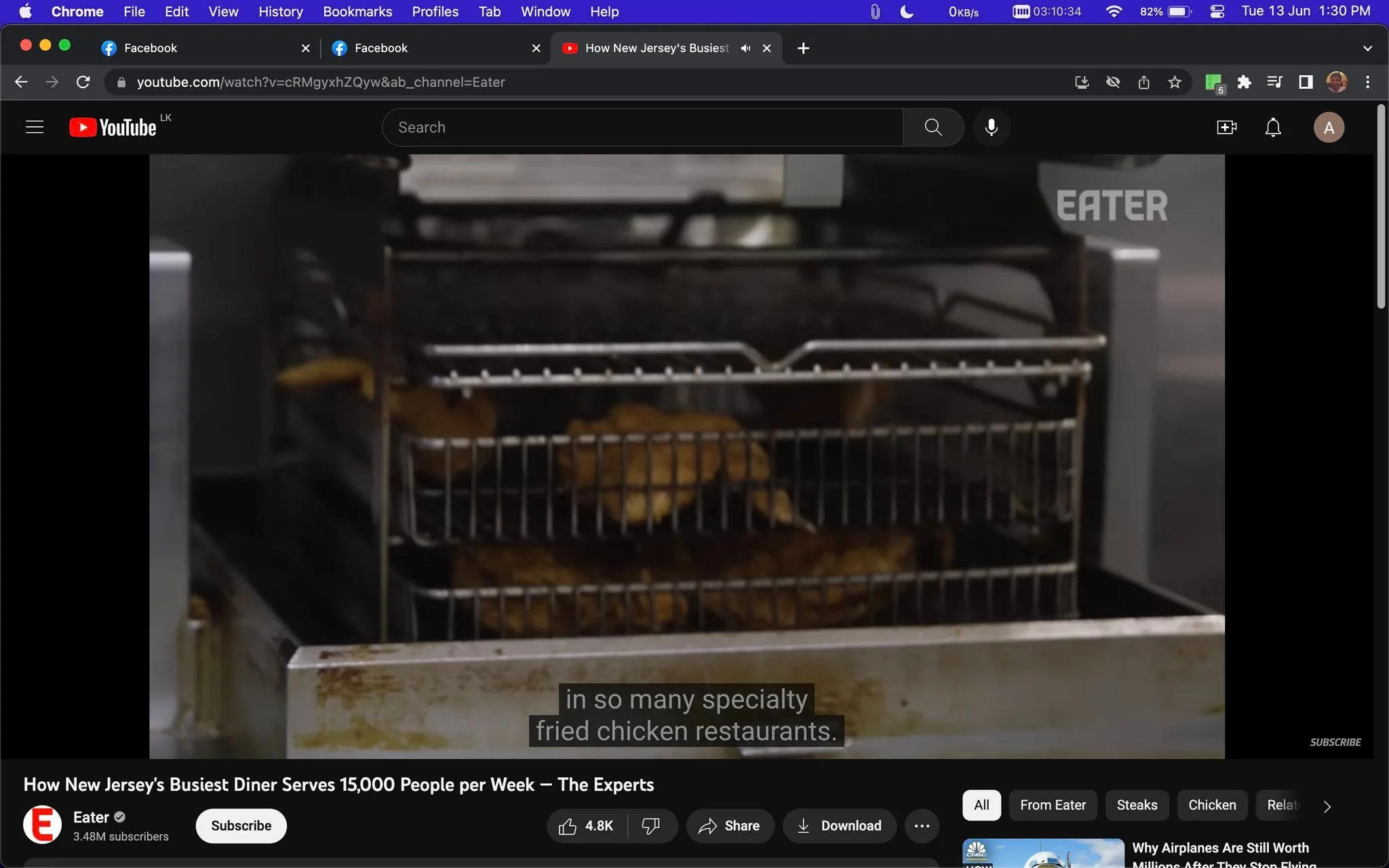The image is a screenshot from a YouTube video titled "How New Jersey's Busiest Diner Serves 15,000 People per Week — The Experts." The video is hosted on the "Eater" channel. The scene captures a close-up of a commercial kitchen setting, focusing on a deep fryer where fried chicken is being cooked. The fryer basket is partially submerged, showcasing pieces of golden-brown chicken. The environment suggests a bustling kitchen atmosphere, typical of a busy diner. The lighting is functional, emphasizing the cooking process. Visible in the screenshot is on-screen text, with a subtitle reading, "in so many specialty fried chicken restaurants." The channel's logo "EATER" is prominently displayed in the upper right corner, adding a branded touch to the visual. Tags related to the video's content include diners, food, and fried chicken, indicating a focus on culinary expertise and high-volume food service.
- Title: "How New Jersey's Busiest Diner Serves 15,000 People per Week — The Experts"
- Channel / profile: "Eater"
- Site / app: "YouTube"
- Captions / subtitles: "in so many specialty fried chicken restaurants."