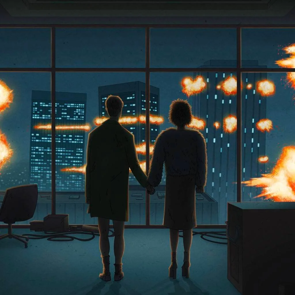 This illustration depicts an iconic scene from "Fight Club." Two figures stand hand-in-hand in the foreground, gazing out of a large window at a night-time cityscape. The city skyline is marked by several explosions, vividly lighting up the dark sky and the buildings. The orange and yellow hues of the explosions contrast with the cool blue tones of the night, creating a dramatic and tense atmosphere.
Inside the room, the figures are silhouetted against the bright backdrop, adding an element of mystery and focus on their shared moment. The room is sparsely furnished, with a chair and a desk, emphasizing the occupants' focus on the unfolding scene outside. The overall mood evokes a mix of chaos and calm, with the characters appearing composed despite the destruction before them. The illustration captures the climactic moment of tension and release, central to the narrative of "Fight Club."