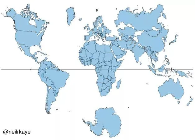 This illustration is a world map with a unique projection approach, offering a distinct visual representation of global geography. The continents are displayed in light blue, with a focus on maintaining accurate land area proportions, likely in contrast to more traditional projections like the Mercator. The map is overlaid with country borders, providing a clear delineation of national boundaries. There is a black line running horizontally, which likely represents the equator, dividing the Northern and Southern Hemispheres. The map's creator, "@neilkaye," is noted in the bottom left corner, indicating the source of this visualization. This style of map highlights the true sizes of countries and continents, offering an educational take on how geographical representations can vary. The absence of additional geographical features such as mountains or rivers simplifies the focus to pure land area and borders.