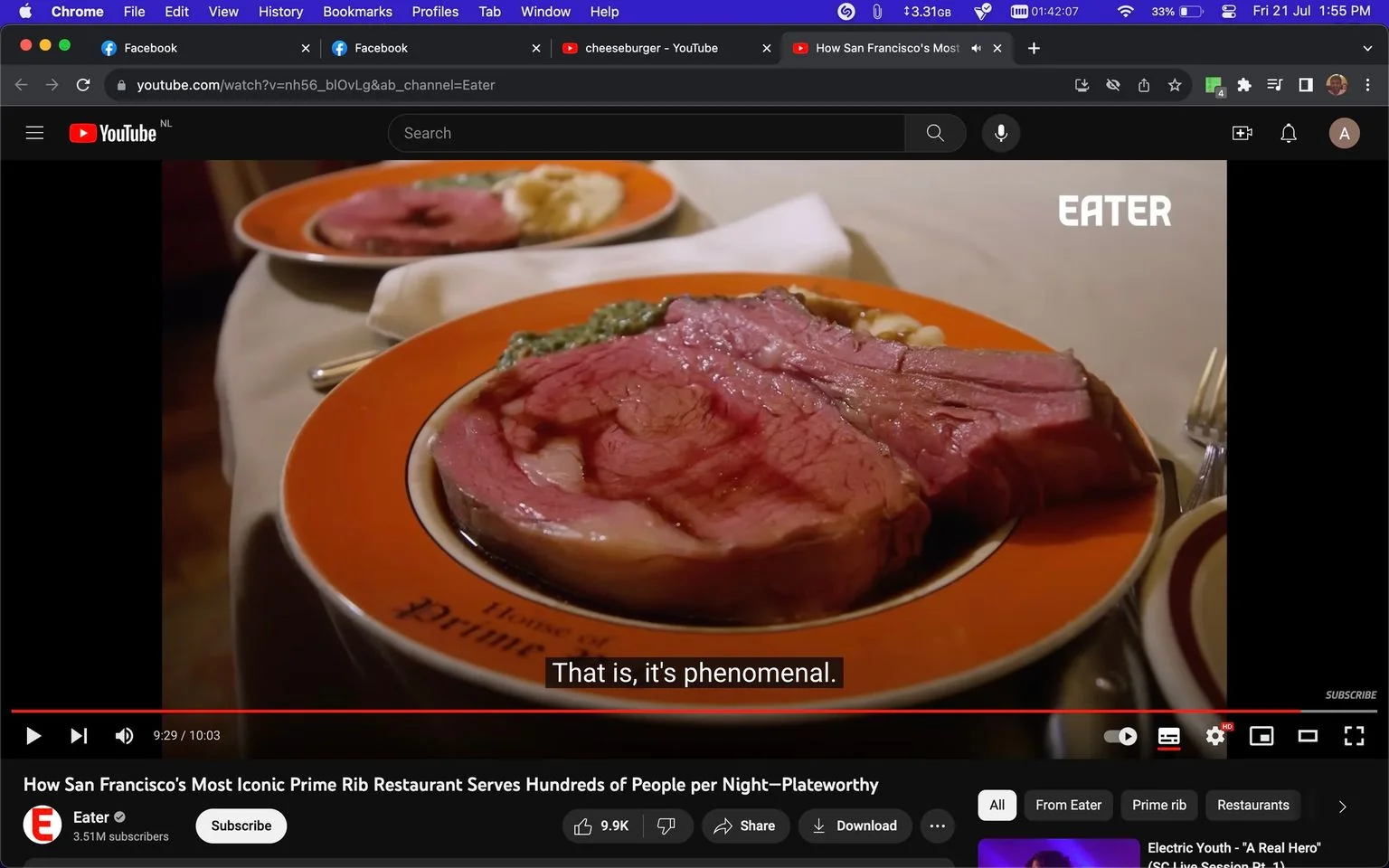 1) The scene is set in a restaurant environment featuring a lavish plate of prime rib, presented on an elegant orange and white plate with "House of Prime" inscribed on it. The dish is accompanied by sides such as mashed potatoes and possibly greens, adding color and texture to the setting. The table is covered with a white cloth, suggesting a fine dining atmosphere. The lighting is warm, enhancing the rich colors of the meat. The video belongs to the "Eater" channel on YouTube, known for showcasing culinary experiences. The YouTube interface indicates a paused video at the 9:29 mark within a 10:03 duration. Multiple browser tabs are open at the top, including Facebook and other YouTube videos, hinting at an engaged viewer. Subtitles at the bottom convey a sense of awe about the dish, stating, "That is, it's phenomenal."
2) On-screen text block:
- Title: "How San Francisco's Most Iconic Prime Rib Restaurant Serves Hundreds of People per Night—Plateway"
- Channel / profile: "Eater"
- Site / app: "YouTube"
- Captions / subtitles: "That is, it's phenomenal."