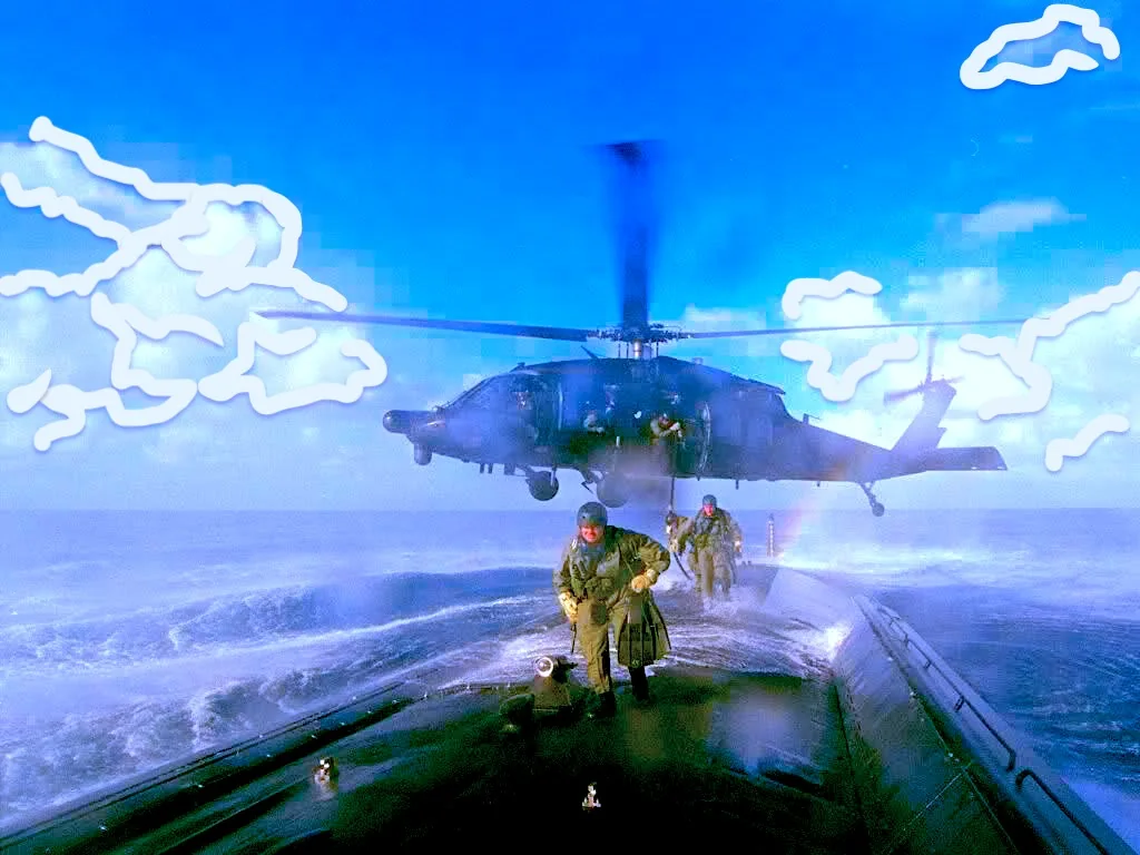 The image captures a dynamic scene of military personnel conducting a helicopter operation at sea. In the foreground, several individuals in military gear are seen on the surface of a submarine, suggesting a tactical or rescue operation. The personnel are wearing protective helmets and tactical vests, indicating readiness and safety protocols. A helicopter hovers just above the submarine, its rotors in motion, creating a sense of urgency and precision. The ocean is slightly turbulent, with waves surrounding the submarine, highlighting the challenging conditions of the operation. The sky is clear with stylized clouds, adding a dramatic and artistic effect to the image. The lighting is bright, suggesting daytime, and the overall atmosphere conveys action and coordination. There is no visible text or branding in the image.
