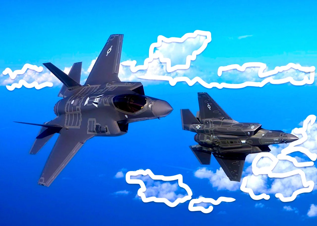 Two fighter jets are depicted flying through a bright blue sky, adorned with stylized white outlines around the clouds, giving the scene an artistic touch. The aircraft are dark gray with sleek, angular designs typical of modern stealth fighters, featuring sharp lines and advanced aerodynamics. The jets are seen from a slightly elevated angle, accentuating their streamlined profiles and emphasizing their speed and power against the clear sky. The lighting is bright, suggesting a sunny day, which enhances the contrast between the jets and the blue background. The white cloud outlines add a whimsical, almost cartoon-like element to the otherwise realistic and dynamic composition. There are no visible markings or identifiers on the jets, keeping the focus on their form and the surrounding atmosphere. The image conveys a sense of motion and precision, characteristic of military aviation.