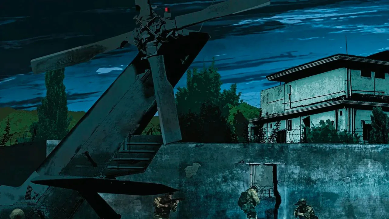 This illustration depicts a night-time military scene with a focus on a large, damaged helicopter in the foreground. The helicopter appears to have crash-landed, with its tail section prominently visible, including a bent rotor blade. The setting is outdoors, under a dark blue night sky with scattered clouds, which adds a somber and tense atmosphere. In the background, there is a two-story building with a flat roof and several windows, some of which are broken. The structure is surrounded by vegetation, and the perimeter wall is topped with barbed wire, indicating a secure and fortified location.
In the mid-ground, several soldiers are visible, dressed in camouflage uniforms and tactical gear. They are equipped with weapons and are in various states of movement, possibly indicating an ongoing operation or mission. The scene conveys a sense of urgency and action, with the soldiers appearing focused and alert. The use of dark, muted colors enhances the clandestine and tense nature of the scene. Overall, the image captures a dramatic moment of military action and the aftermath of a helicopter incident.