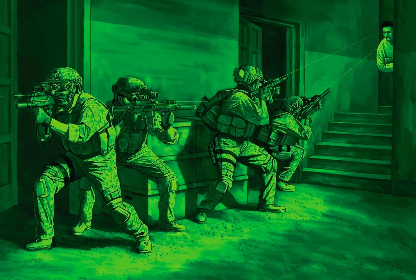 The illustration depicts a tactical military operation in an indoor setting, presented in shades of green reminiscent of night vision. Four soldiers are advancing through a dimly lit corridor, each wearing tactical gear that includes helmets, body armor, and night-vision goggles. They are armed with rifles, held in ready stances, indicating a high-alert situation. The soldiers move in a coordinated manner, demonstrating precision and discipline. The lead soldier is crouched near a doorway, signaling the tactical approach of the team.
In the background, a figure peeks from behind a stairwell, suggesting a potential target or civilian, highlighted by the soldiers' laser sights trained on them. The green hue adds to the tense, covert atmosphere typical of night operations. The composition is dynamic, capturing the movement and focus of the soldiers as they clear the area. The illustration style is detailed, with careful attention to the soldiers' gear and posture, enhancing the realism of the scene.