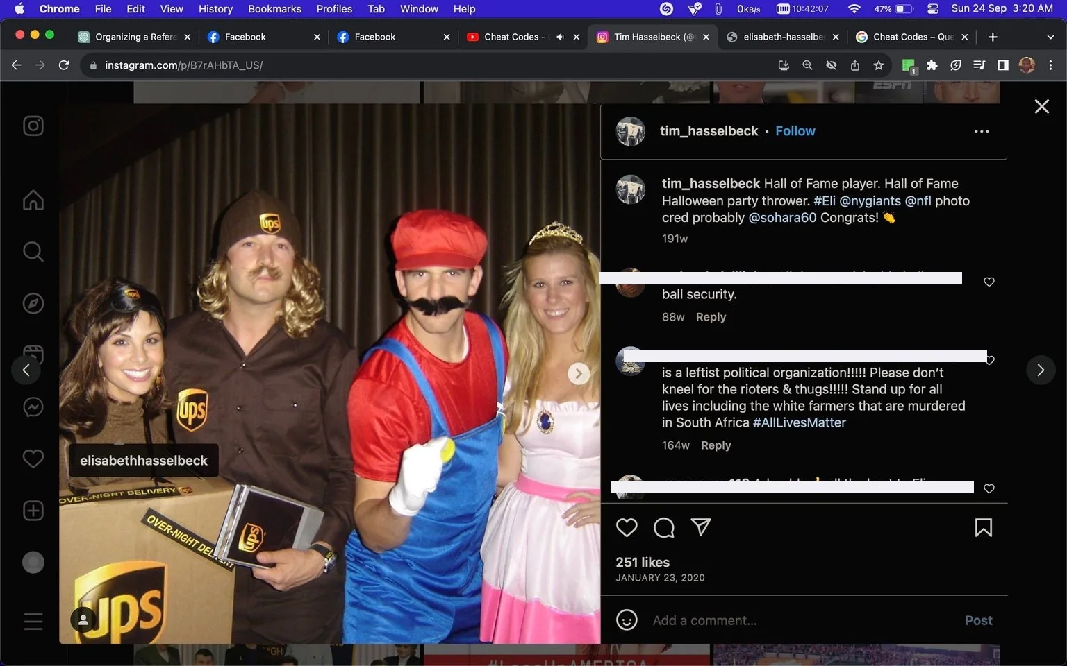 1) Rich description: The image depicts Tim and Elisabeth Hasselbeck in a festive Halloween setting, joined by another couple, all dressed in costumes. Tim Hasselbeck is dressed as Mario from the popular video game series, wearing a red cap, blue overalls, a red shirt, white gloves, and a fake mustache. Elisabeth Hasselbeck is dressed as Princess Peach, wearing a light pink dress with a darker pink skirt and a golden crown, embodying the character's classic look. The couple they are with is dressed as UPS delivery workers; the man wears a brown UPS uniform with a cap and holds a UPS package, while the woman also wears a brown outfit with a UPS logo. The background is a simple indoor setting with curtains, suggesting a private gathering. The mood is playful and celebratory, capturing the essence of a Halloween party with friends. The lighting is warm and clear, highlighting the vibrant colors of the costumes and the joyful expressions on their faces.
2) On-screen text block:
- Channel / profile: "tim_hasselbeck"
- Site / app: "Instagram"