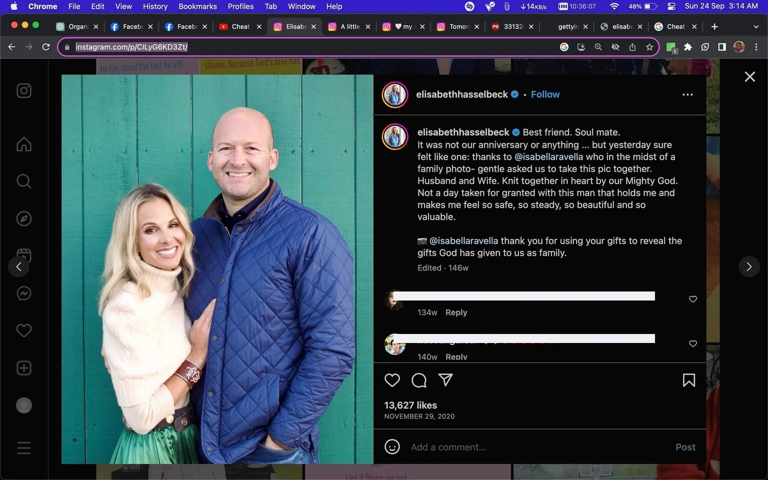 Elisabeth and Tim Hasselbeck are featured in an outdoor portrait, standing in front of a teal-colored wooden wall. Elisabeth, on the left, is smiling warmly and wearing a white turtleneck sweater with a green skirt. She has long blonde hair and is embracing Tim with her left arm. Tim, on the right, is dressed in a blue quilted jacket and has his right arm casually in his pocket. His expression is joyful, complementing the affectionate and relaxed mood of the image. The lighting is bright and natural, enhancing the vibrant colors of their attire and the background.
The Instagram post by "elisabethhasselbeck" includes an emotional caption expressing gratitude for their relationship, highlighting them as husband and wife, and thanking a photographer named @isabellaravella. The post reflects a sense of appreciation and love, supported by the visible warmth and connection in the photograph. The interaction section shows a few comments from followers, indicating engagement with the post.