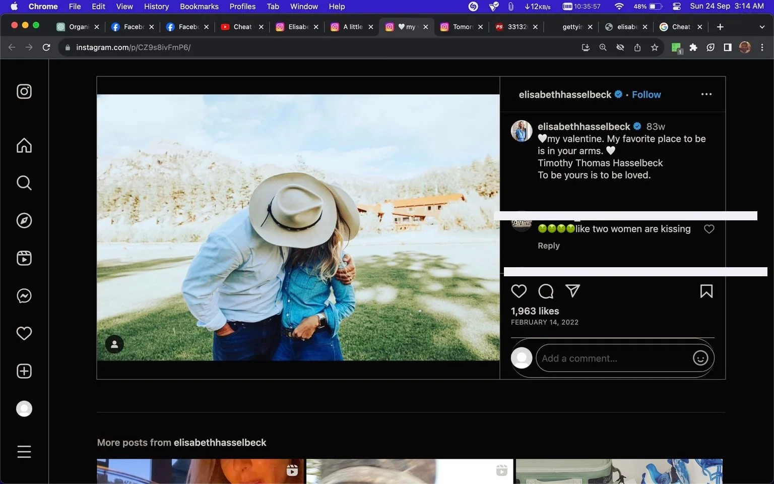 The image is a screenshot from Instagram, specifically from the profile "elisabethhasselbeck." It features a couple, identified as Tim and Elisabeth Hasselbeck, hidden under a large cowboy hat. The scene is set outdoors during the day, with a picturesque background of trees and a clear blue sky. The couple is embracing on a grassy field, creating a tender and intimate moment captured in the photo. Elisabeth is wearing a denim shirt, while Tim is dressed in a light-colored shirt, both complementing the rustic, romantic setting. The mood is affectionate and serene, emphasized by the scenic landscape and soft natural lighting. The caption accompanying the image expresses love and contentment, reading, "❤️my valentine. My favorite place to be is in your arms. ❤️ Timothy Thomas Hasselbeck To be yours is to be loved." This adds a personal and heartfelt touch to the post, highlighting the bond between the couple.