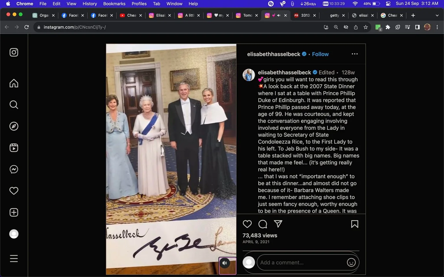In this formal group photograph captured at a state dinner in 2007, the scene includes Laura Bush, Queen Elizabeth II, George Bush, and Elisabeth Hasselbeck. They are positioned in a stately room with ornate decor, featuring a rich blue and gold carpet beneath them. Queen Elizabeth II is centered, dressed in a light-colored gown with a blue sash, exuding regal presence. To her right, George Bush stands in a classic black tuxedo, while Elisabeth Hasselbeck is on the far right, dressed elegantly in a black gown with a white cape. Laura Bush, on the left, wears a pale blue gown, completing the dignified group.
The atmosphere is formal and respectful, with each individual's posture reflecting the significance of the occasion. The lighting is warm, enhancing the grandeur of the setting. The Instagram post by Elisabeth Hasselbeck reflects on the memory of the event and mentions the recent passing of Prince Phillip. The text discusses the importance of the dinner and the notable personalities present, conveying a sense of honor and nostalgia.
- Title: "A look back at the 2007 State Dinner"
- Channel / profile: "elisabethhasselbeck"
- Site / app: "Instagram"
- Captions / subtitles: "girls you will want to read this through"