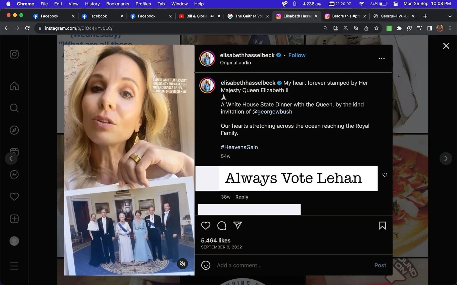 Elisabeth Hasselbeck is featured in this Instagram screenshot. She is holding a photograph which includes a group of people, described as having been taken during a White House State Dinner with Queen Elizabeth II at the invitation of George W. Bush. The setting appears to be indoors with Elisabeth showcasing the image prominently. She is wearing a light-colored top and has blonde hair, conveying a reflective and respectful demeanor. The photo she holds features several people dressed in formal attire, with Queen Elizabeth II wearing a light blue gown and sash.
The Instagram caption conveys a heartfelt acknowledgment of the experience, referencing a connection with the British Royal Family. The text on the post reads, "My heart forever stamped by Her Majesty Queen Elizabeth II," and mentions "A White House State Dinner with the Queen," attributing the invitation to George W. Bush. The hashtags #HeavensGain and the mention of hearts stretching across the ocean emphasize a theme of reverence and loss. The visual composition is bright and well-lit, focusing on Elisabeth Hasselbeck and the photograph.