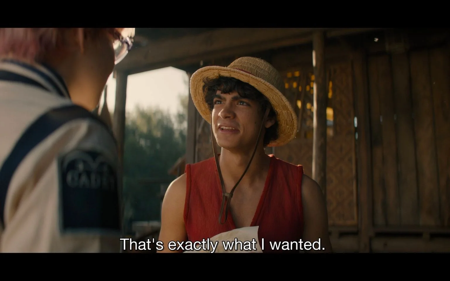 The image is a video frame from a live-action adaptation scene featuring two characters. The setting is outdoors, possibly in a rural or rustic area, as indicated by the wooden structure and natural lighting. One character is wearing a straw hat and a sleeveless red vest, giving a casual and adventurous vibe. His expression is engaged and positive, suggesting satisfaction with the conversation. The other character is only partially visible, with short, light-colored hair and wearing a jacket with the word "CADET" on the sleeve. The lighting is warm and natural, typical of a daytime scene, adding to the relaxed and open atmosphere. The caption displayed at the bottom reads, "That's exactly what I wanted," indicating that the moment is a significant or fulfilling one for the character speaking.