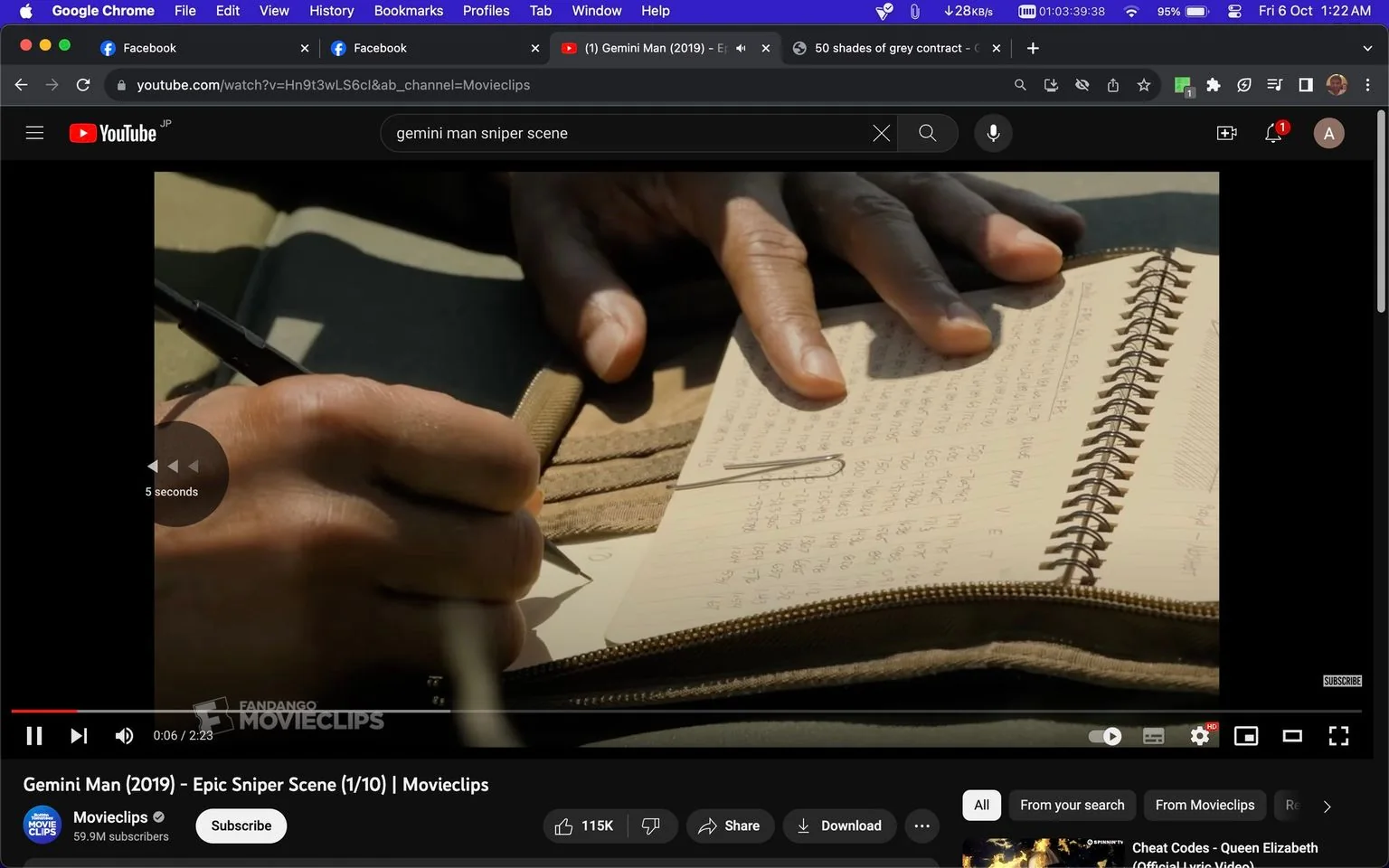 The image is a screenshot from a YouTube video titled "Gemini Man (2019) – Epic Sniper Scene (1/10) | Movieclips," published by the channel Movieclips under the Fandango brand. The scene is a close-up shot of a person's hands writing in a spiral-bound notebook, suggesting a moment of planning or reflection. The person's hands are dark-skinned, holding a pen and poised over the notebook, where several lines of text and numbers are visible. The notebook rests on a zippered bag or case, possibly related to military or tactical gear, hinting at the nature of the scene. The lighting suggests it is daytime, with natural light casting shadows that emphasize the texture of the hands and paper. This detail, combined with the title, implies a moment of critical preparation in the plot of "Gemini Man." The scene captures a sense of focus and intention, crucial for the upcoming actions in this part of the film.
- Title: "Gemini Man (2019) – Epic Sniper Scene (1/10) | Movieclips"
- Channel / profile: "Movieclips"
- Site / app: "YouTube"