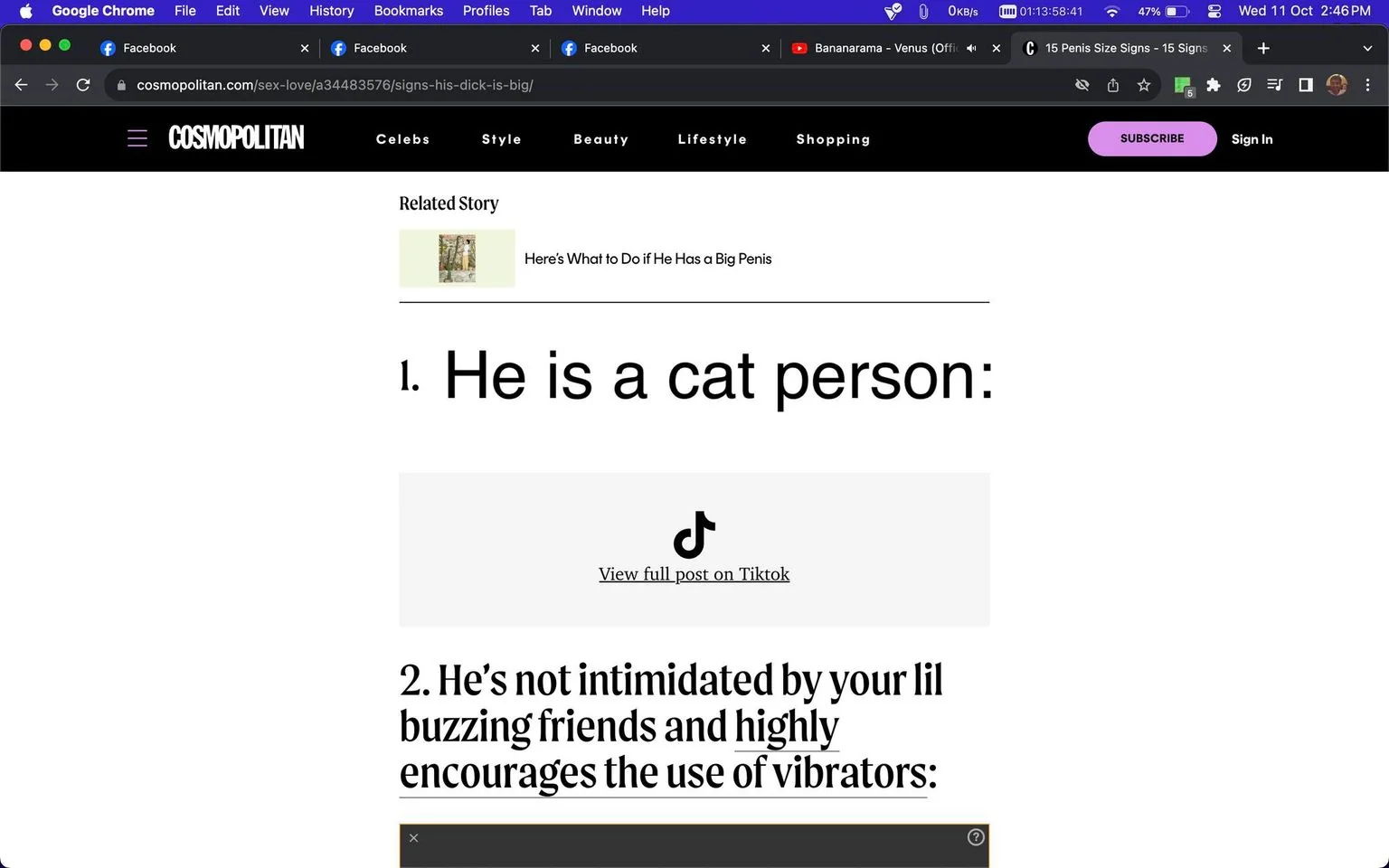 The image is a screenshot from the Cosmopolitan website showing an article titled "15 Penis Size Signs - 15 Signs." The article is up on Cosmopolitan's site, as indicated by the logo at the top left of the page. The main content displayed lists two playful claims about characteristics that supposedly indicate penis size. The first listed point reads, "He is a cat person," followed by the second: "He's not intimidated by your lil buzzing friends and highly encourages the use of vibrators." These points are presented in bold, black text on a white background, giving a clean and minimalist look typical of online articles.
Above the list, there's a link to a related story titled "Here's What to Do if He Has a Big Penis." A TikTok logo is centered between the two points, suggesting there might be a related TikTok post. The webpage's layout includes standard web elements such as a navigation bar with categories like Celebs, Style, and Beauty, and login buttons for subscribing or signing in to the site. The screenshot captures a typical humorous and lighthearted approach common to Cosmopolitan's relationship articles. The overall tone is casual and engaging, aiming to entertain its audience with tongue-in-cheek insights.