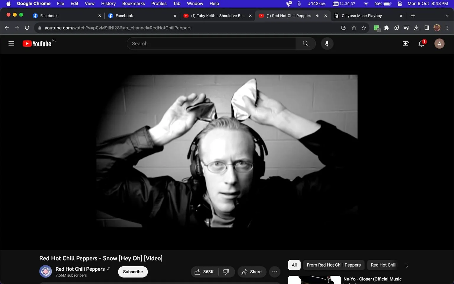 The image is a black-and-white screenshot from a YouTube video titled "Red Hot Chili Peppers - Snow [Hey Oh] [Video]." It features a person wearing headphones, glasses, and a dark jacket. The individual is holding two items that resemble ears on top of their head, creating a playful or whimsical appearance. The background consists of a plain wall, suggesting an indoor setting. The lighting highlights the subject's face, giving prominence to the headphones and the playful gesture with the makeshift ears.
The screenshot is from the official YouTube channel of the Red Hot Chili Peppers, which has 7.56 million subscribers. The design of YouTube’s interface is visible, with options to like, dislike, share, and subscribe located below the video frame. The browser tabs at the top show additional open tabs, including Facebook and another video by Toby Keith. The overall mood of the image is light-hearted, with a focus on the individual’s expression and the humorous addition of the ear-like objects.
- Title: "Red Hot Chili Peppers - Snow [Hey Oh] [Video]"
- Channel / profile: "Red Hot Chili Peppers"
- Site / app: "YouTube"