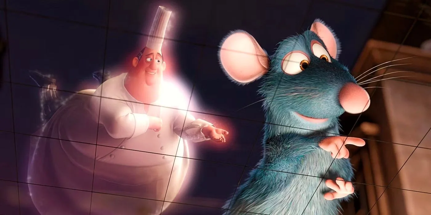 In this vibrant scene from "Ratatouille," we see two characters in a kitchen setting. On the right, there is a blue anthropomorphic rat with large ears and a pink nose, known for his culinary talents. The rat appears to be gesturing or pointing, indicating a moment of communication or decision-making. Beside him, slightly translucent, is the spirit of a chef with a round face and a beaming smile, wearing a classic white chef's uniform and a tall chef's hat. The chef exudes a ghostly glow, emphasizing his spectral presence. The background consists of a tiled wall, suggesting an indoor kitchen environment. The lighting is warm and soft, creating a cozy yet magical atmosphere. The illustration style is detailed and colorful, typical of animated films. The interaction between the characters conveys a sense of mentorship and collaboration, central themes in the film.