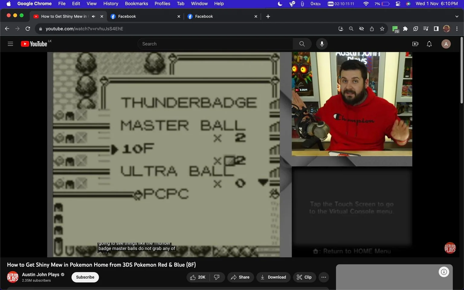 The image is a screenshot from a YouTube video titled "How to Get Shiny Mew in Pokemon Home from 3DS Pokemon Red & Blue (8F)" by the channel Austin John Plays. On the left side of the image is gameplay footage from the classic video game "Pokemon Red & Blue," showing a menu with items like "THUNDERBADGE," "MASTER BALL x2," "ULTRA BALL x2," and others. The game screen has a vintage, pixelated appearance typical of early Game Boy games.
On the right side, a person is visible, wearing a red hoodie with the Champion logo. This individual, presumably Austin John Plays, is seated at a desk with a microphone, appearing to be in mid-explanation during the video. The background includes various gaming paraphernalia, creating a casual and engaging atmosphere. The lighting is bright and focused on the host, emphasizing the educational and interactive nature of the tutorial.
The video seems to focus on a gaming tutorial related to obtaining a Shiny Mew in the game. Captions at the bottom hint at discussing in-game items and strategies, adding an informative layer to the visual content.