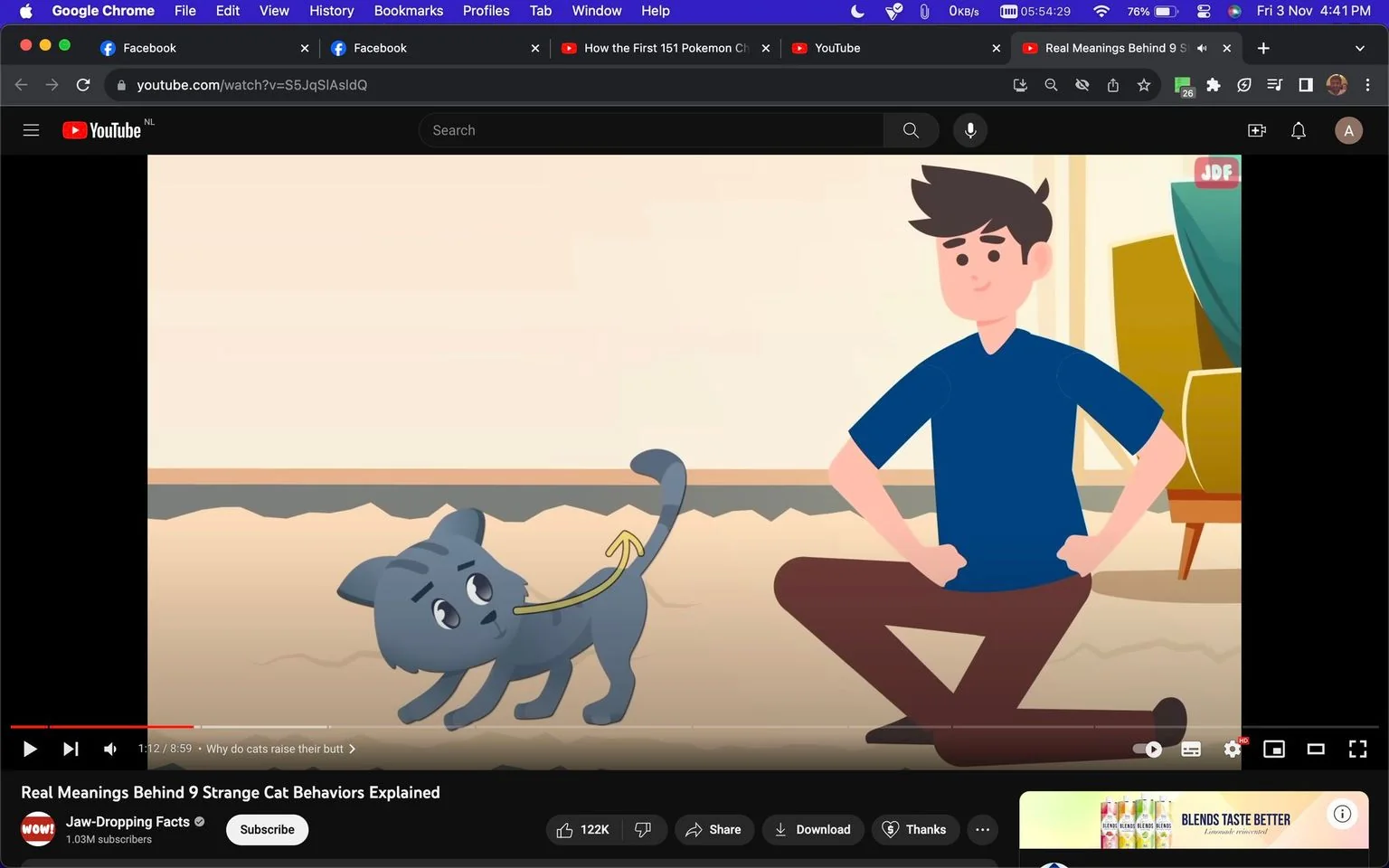 The image is a frame from a YouTube video titled "Real Meanings Behind 9 Strange Cat Behaviors Explained," published by the channel "Jaw-Dropping Facts," which has 1.03M subscribers. The scene is an animated illustration featuring a person and a cat indoors. The person, wearing a blue shirt and brown pants, is kneeling with hands on hips, observing the cat, which is in a playful stance with its back arched and tail raised. The cat is depicted in a cartoon style with a grey coat, and there is a yellow arrow indicating the direction of its tail. The setting appears to be a room with beige walls and a piece of furniture partially visible in the background. The overall mood is lighthearted and educational, reflecting the theme of the video, which discusses cat behavior. The video's interface includes standard YouTube elements like the play/pause button, timeline, and video recommendations.
