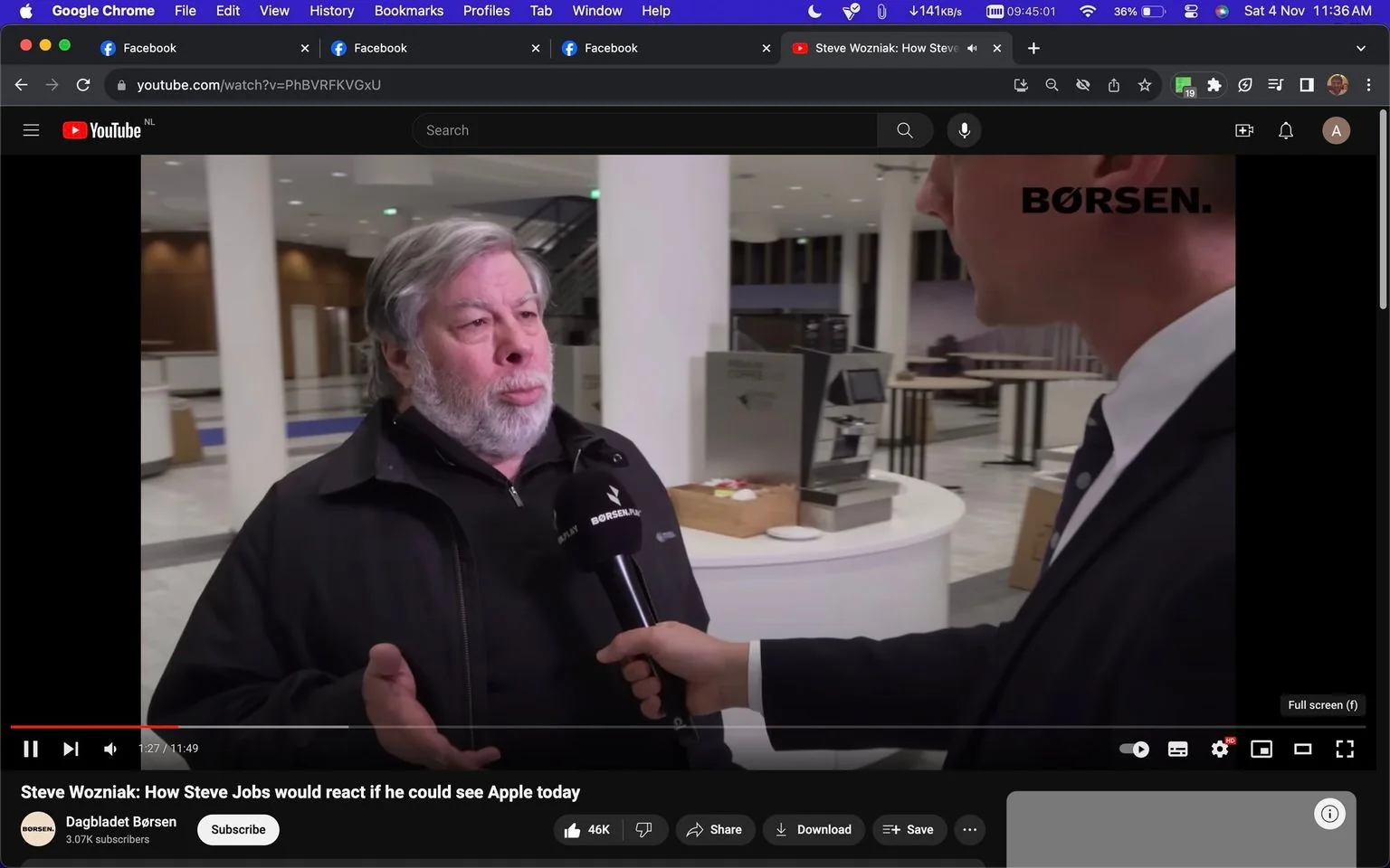 In this video frame, Steve Wozniak, co-founder of Apple, is being interviewed. The setting appears to be indoors, possibly in a modern office or conference space, with bright lighting and a clean, minimalist design. Wozniak is wearing a black jacket, and his expression is thoughtful as he engages in conversation. A microphone with the "BØRSEN." logo is being held up to him by another person, who is dressed in a suit and is partially visible on the right side of the frame.
The background features a white column, a modern coffee machine, and a table with some items on it, adding to the professional atmosphere. The video is titled "Steve Wozniak: How Steve Jobs would react if he could see Apple today," suggesting a discussion about the legacy and evolution of Apple. This frame is from a YouTube video on the "Dagbladet Børsen" channel, a Danish financial newspaper, as indicated by the visible branding and text.
