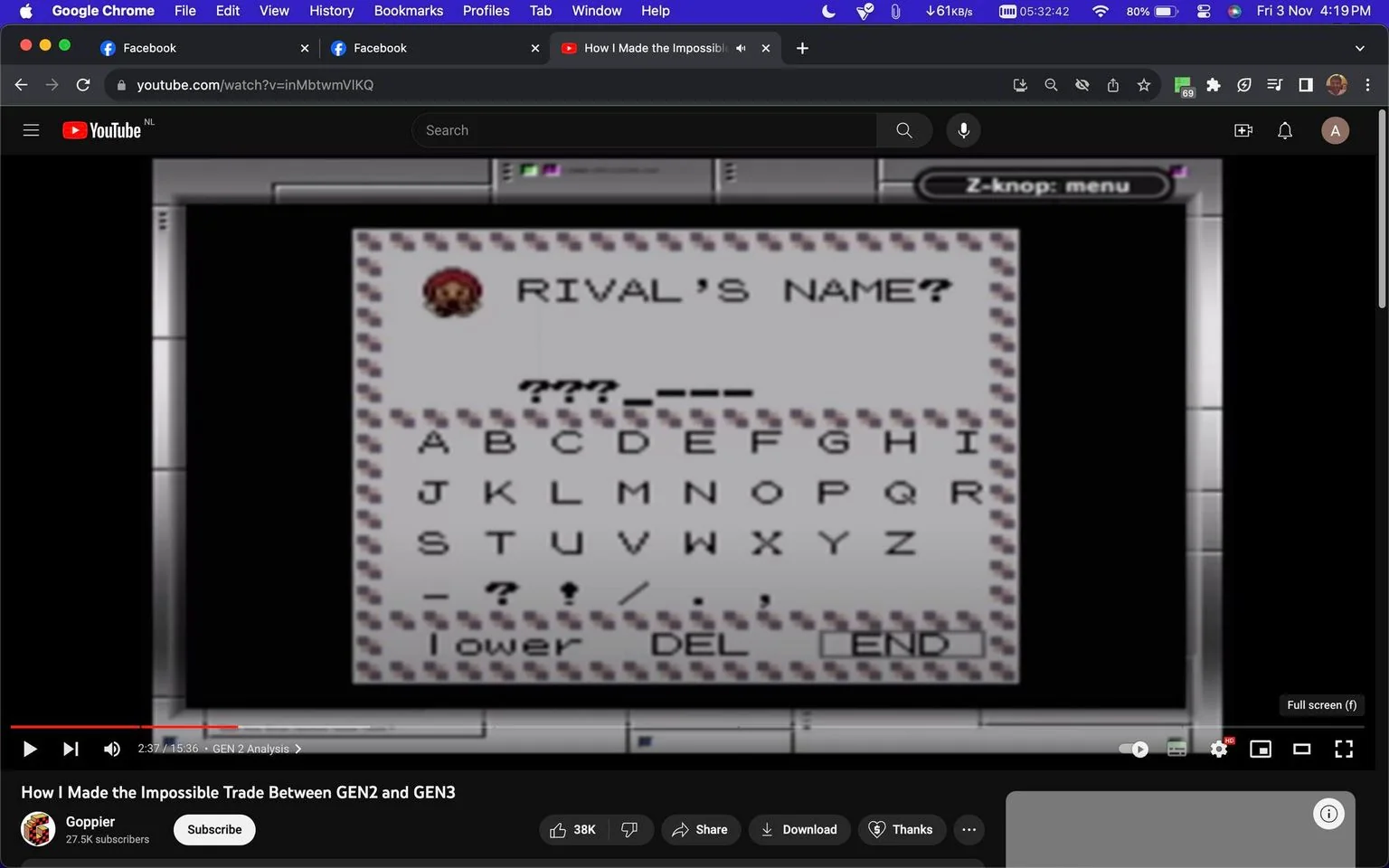 The screenshot depicts a scene from a video game, specifically from the Pokémon series, showcasing a naming screen where the player is prompted to enter the rival's name. The display features a character portrait at the top left, surrounded by a border of pixelated graphics typical of early-generation Pokémon games. Below the prompt "RIVAL'S NAME?" are alphabetic characters arranged in a grid, allowing the player to select letters to form a name. The text "lower DEL END" suggests options for letter casing, deleting, and confirming the entry. The YouTube interface is visible, with the video titled "How I Made the Impossible Trade Between GEN2 and GEN3" from the channel "Goppier." The video is paused at 2:37, and the screenshot includes navigational elements like video controls and platform tabs at the top. The overall aesthetic is nostalgic, reflecting the classic style of handheld gaming consoles.