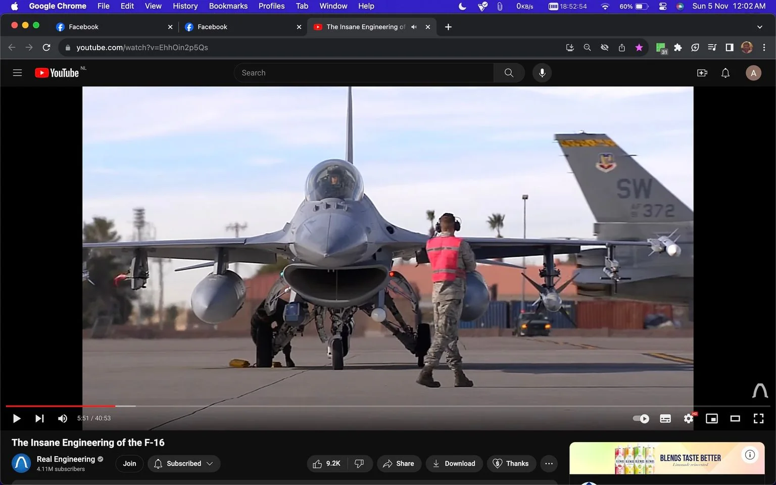 The image is a screenshot from a YouTube video titled "The Insane Engineering of the F-16" on the channel Real Engineering. It shows a military scene featuring an F-16 aircraft on a runway. The aircraft is positioned prominently in the center, with a soldier wearing a red reflective vest and headphones standing beside it, likely assisting or coordinating ground operations. Another person, possibly a technician, is seen crouching near the aircraft's landing gear. The aircraft has distinctive markings, including "SW" and "AF 372" on its tail. The background includes a clear sky and some trees, giving a sense of an open-air military base or airfield. The image is well-lit, suggesting it is daytime, and the overall mood is professional and focused, indicative of military precision and engineering prowess.
- Title: "The Insane Engineering of the F-16"
- Channel / profile: "Real Engineering"
- Site / app: "YouTube"