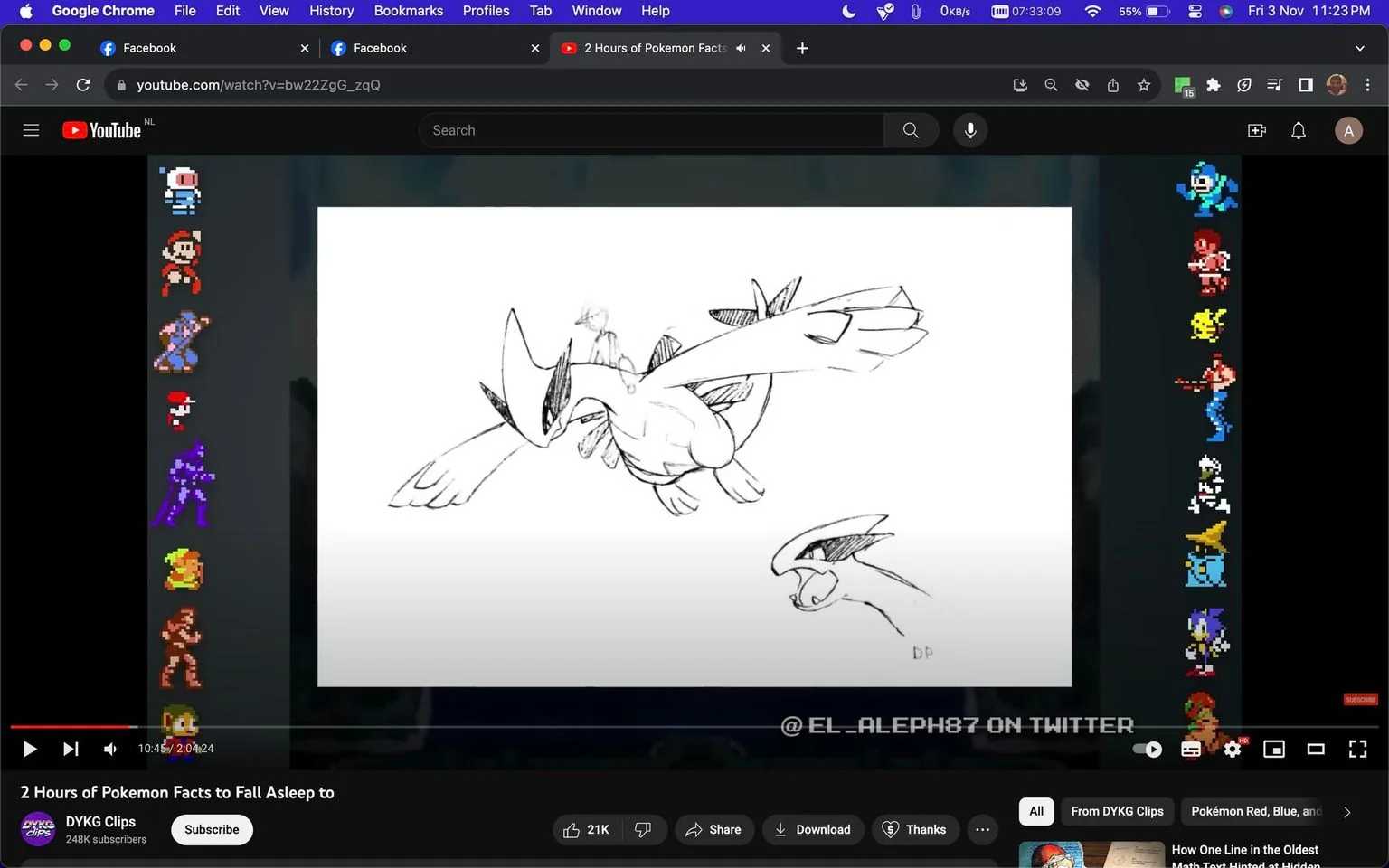 The image is a screenshot from a YouTube video titled "2 Hours of Pokemon Facts to Fall Asleep to," featured on the channel DYKG Clips. It shows a sketch of a creature resembling a Pokemon. The drawing style is rough and pencil-like, depicting the creature with wings spread wide, and another smaller sketch shows its head in more detail. There is a figure riding on its back, suggesting interaction or companionship. The sidebar on the left displays pixel art icons of various video game characters against a dark background, providing a nostalgic gaming aesthetic. The text "@EL_ALEPH87 ON TWITTER" is visible at the bottom, likely crediting the artist. The user interface of YouTube is apparent, with options for like, share, download, and more below the video. The video appears to be designed for casual, informative viewing, focusing on Pokemon-related content.