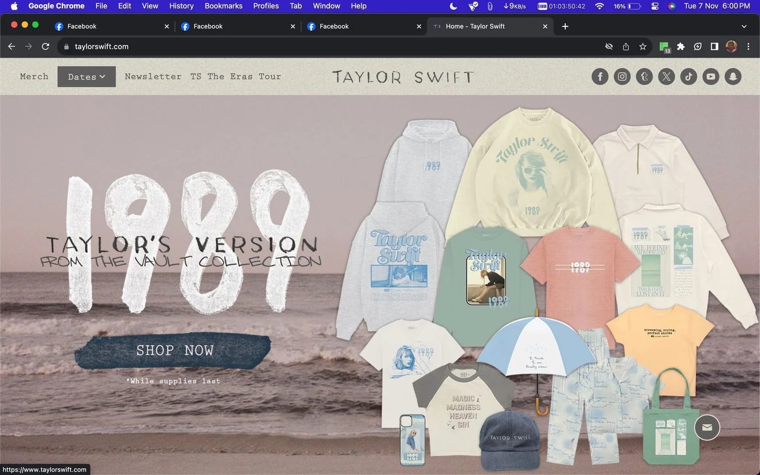 The image is a screenshot from Taylor Swift’s official website, showcasing merchandise related to "1989 (Taylor's Version)". The background features an ocean scene, setting a calming, coastal vibe. Prominent text at the center announces "1989 TAYLOR’S VERSION FROM THE VAULT COLLECTION," with a call to action to "SHOP NOW," suggesting limited availability. Displayed merchandise includes various apparel items such as sweatshirts, T-shirts, and jackets, each decorated with designs related to Taylor Swift and the "1989" album. The color palette is soft, consisting mostly of pastels—beige, blue, and pink tones—complementing the serene background. The layout is visually organized, with each product clearly visible, highlighting the distinct designs. Icons for social media platforms like Facebook, Instagram, and Twitter are displayed at the top right, indicating the artist’s online presence. The overall presentation is cohesive and appealing, inviting fans to explore the collection further.