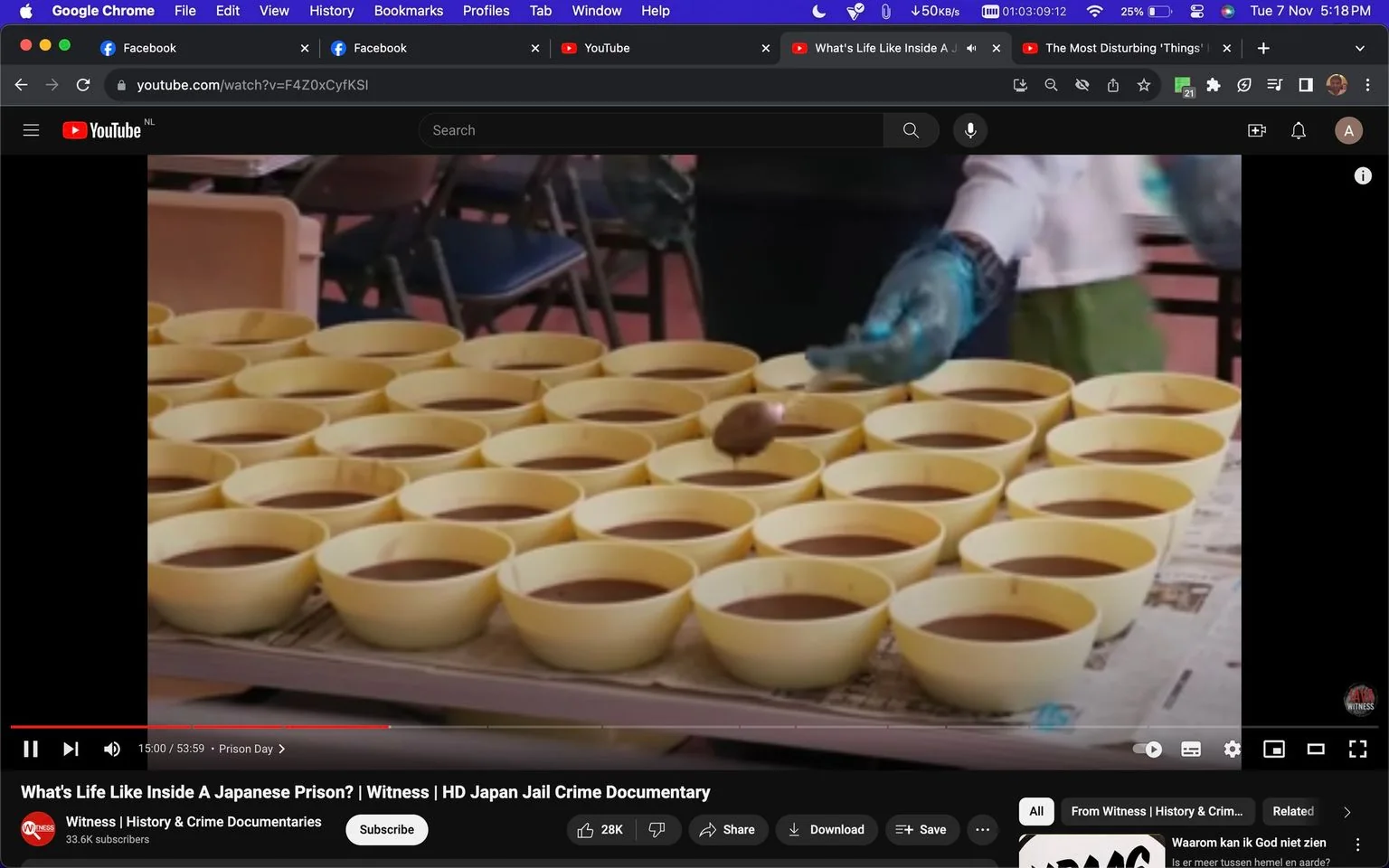 The image shows a scene from a YouTube video titled "What's Life Like Inside A Japanese Prison? | Witness | HD Japan Jail Crime Documentary," uploaded by the channel "Witness | History & Crime Documentaries." The frame captures a kitchen setting where numerous yellow bowls containing a brown liquid, possibly soup or broth, are neatly arranged on a table. A person wearing a white uniform and blue gloves is in the process of preparing or serving the food, using a spoon to distribute the contents evenly into the bowls. The environment appears organized and clean, typical of institutional food preparation areas. The background includes additional tables, chairs, and possibly other kitchen equipment, indicating it is part of a larger dining or kitchen facility within a prison. The lighting is bright, suggesting the scene is shot during the day. The video explores prison life, focusing on daily routines and environments within a Japanese prison.